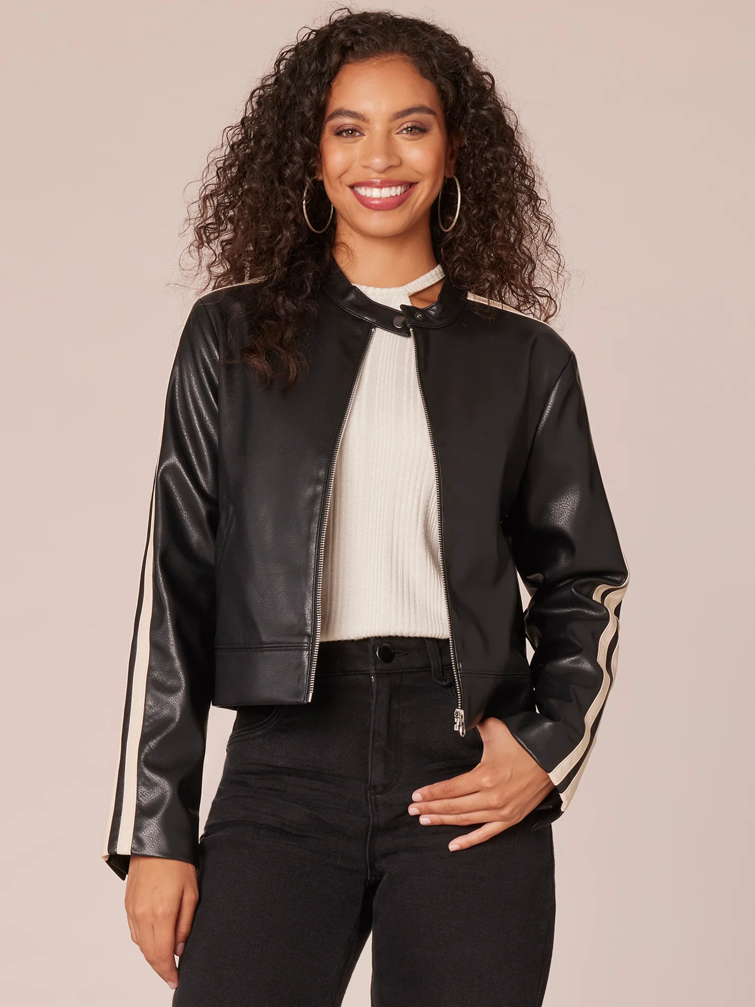 Long Sleeve Zip Front High Round Neck Biker Jacket with Welt Pockets - Legahigh