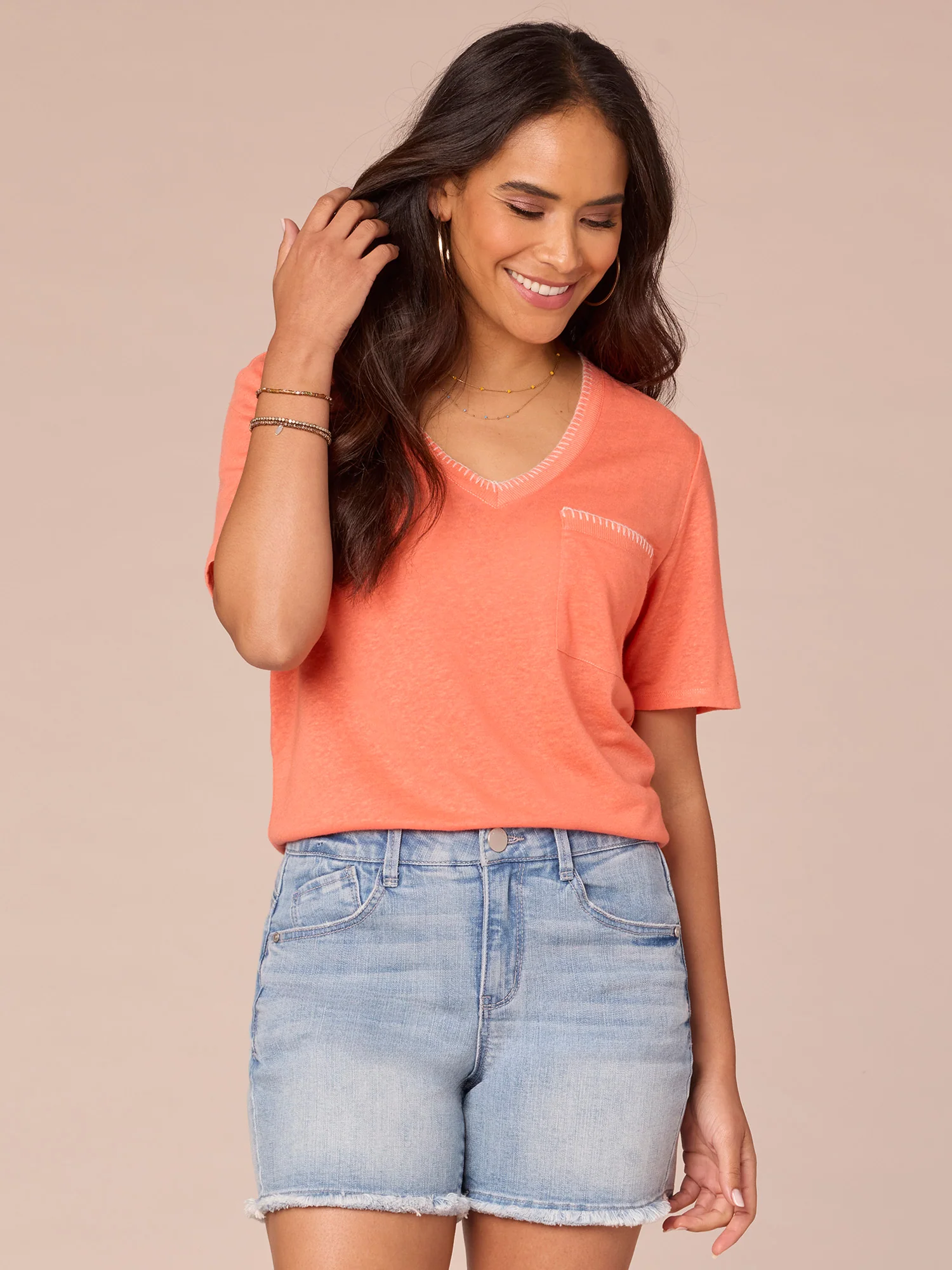 Short Sleeve V-Neck Contrast Blanket Stitch Pocket Knit Top - Legahigh