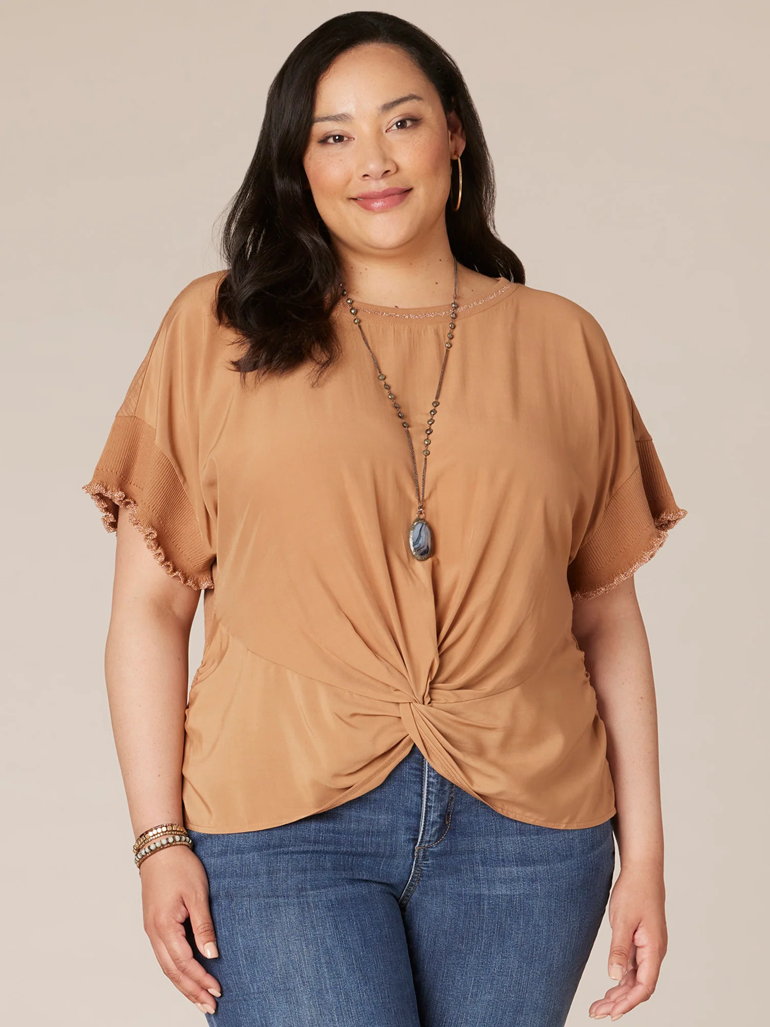 Short Ruffle Rib Edge Sleeve Round Neck Plus Size Woven Top - Legahigh