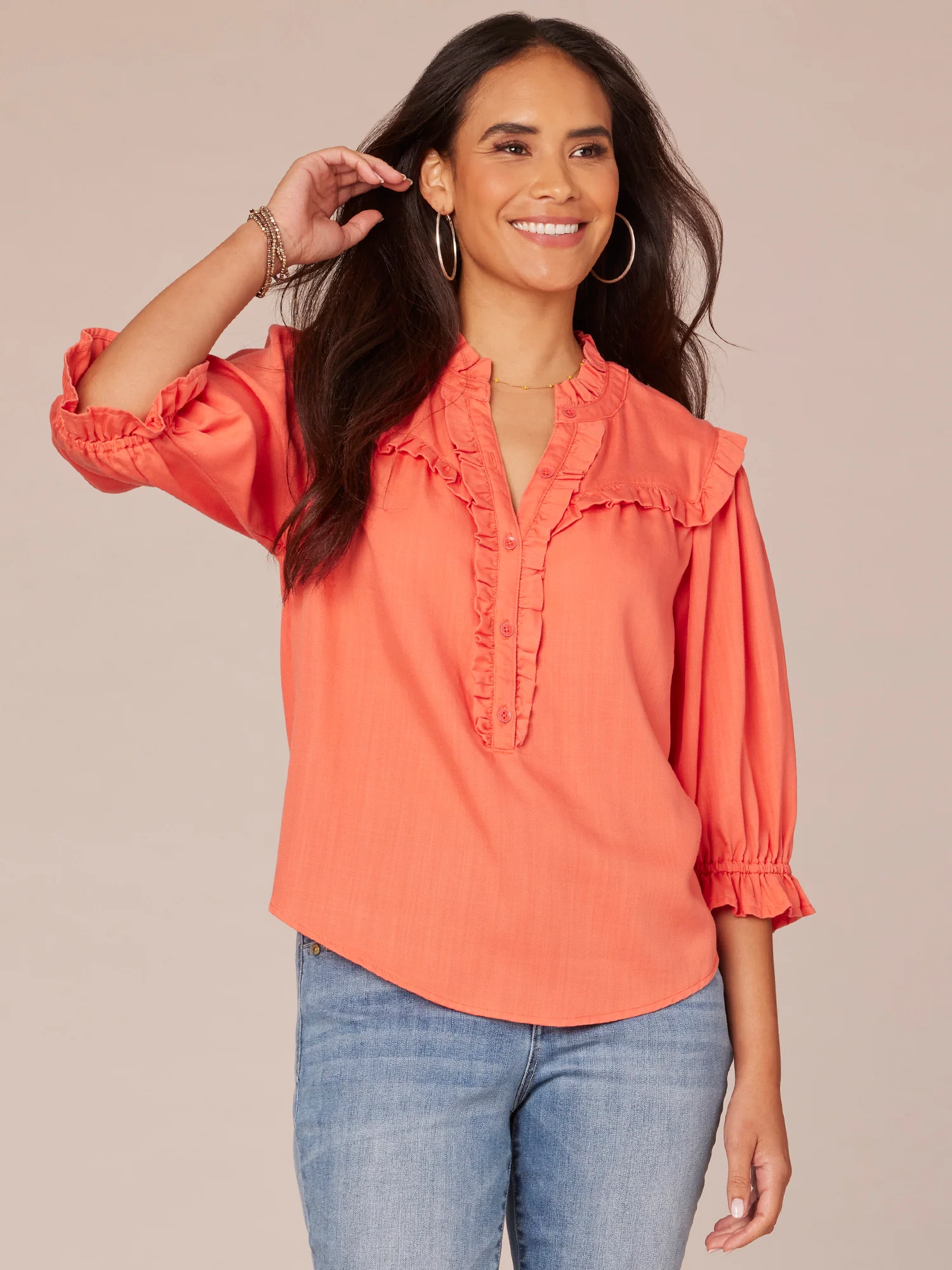 Lantern Sleeve Ruffle Edge V-Neck Half Placket Petite Woven Shirt - Legahigh