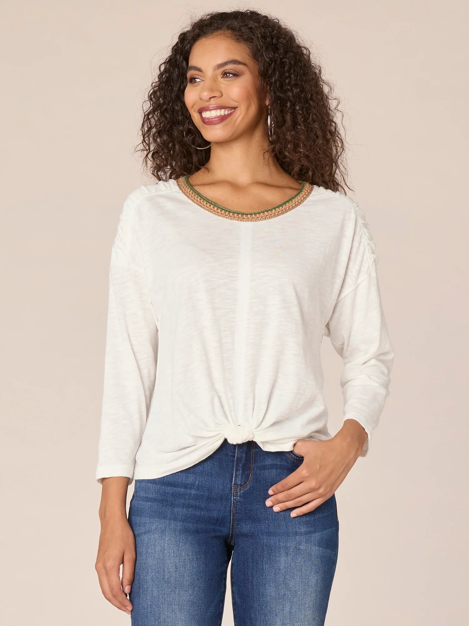 Three Quarter Sleeve Crochet Scoop Neck Knot Hem Ringer Knit Top - Legahigh