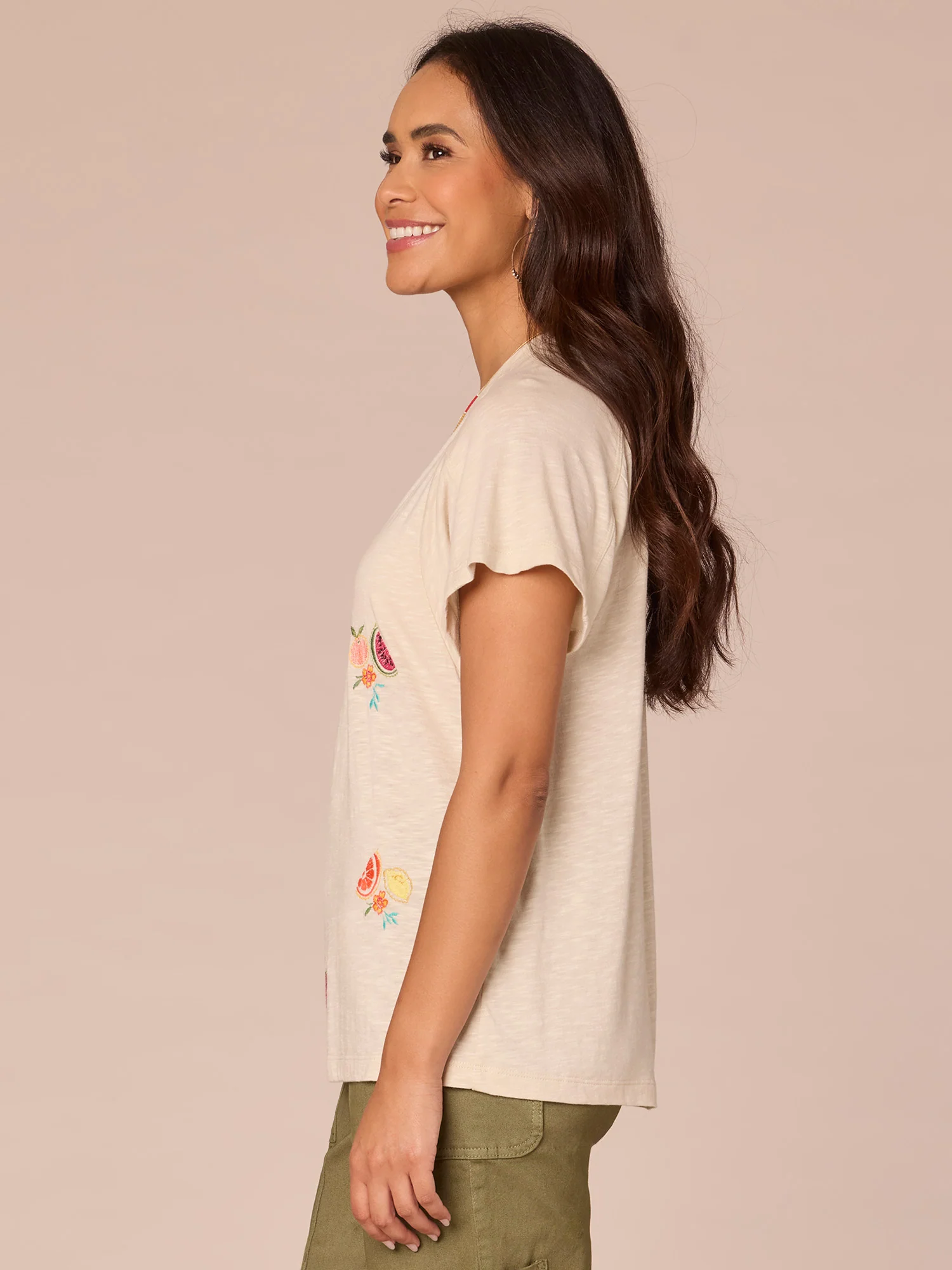 Short Sleeve Scoop Neck Petite Knit Boyfriend Tee with Embroidery - Legahigh