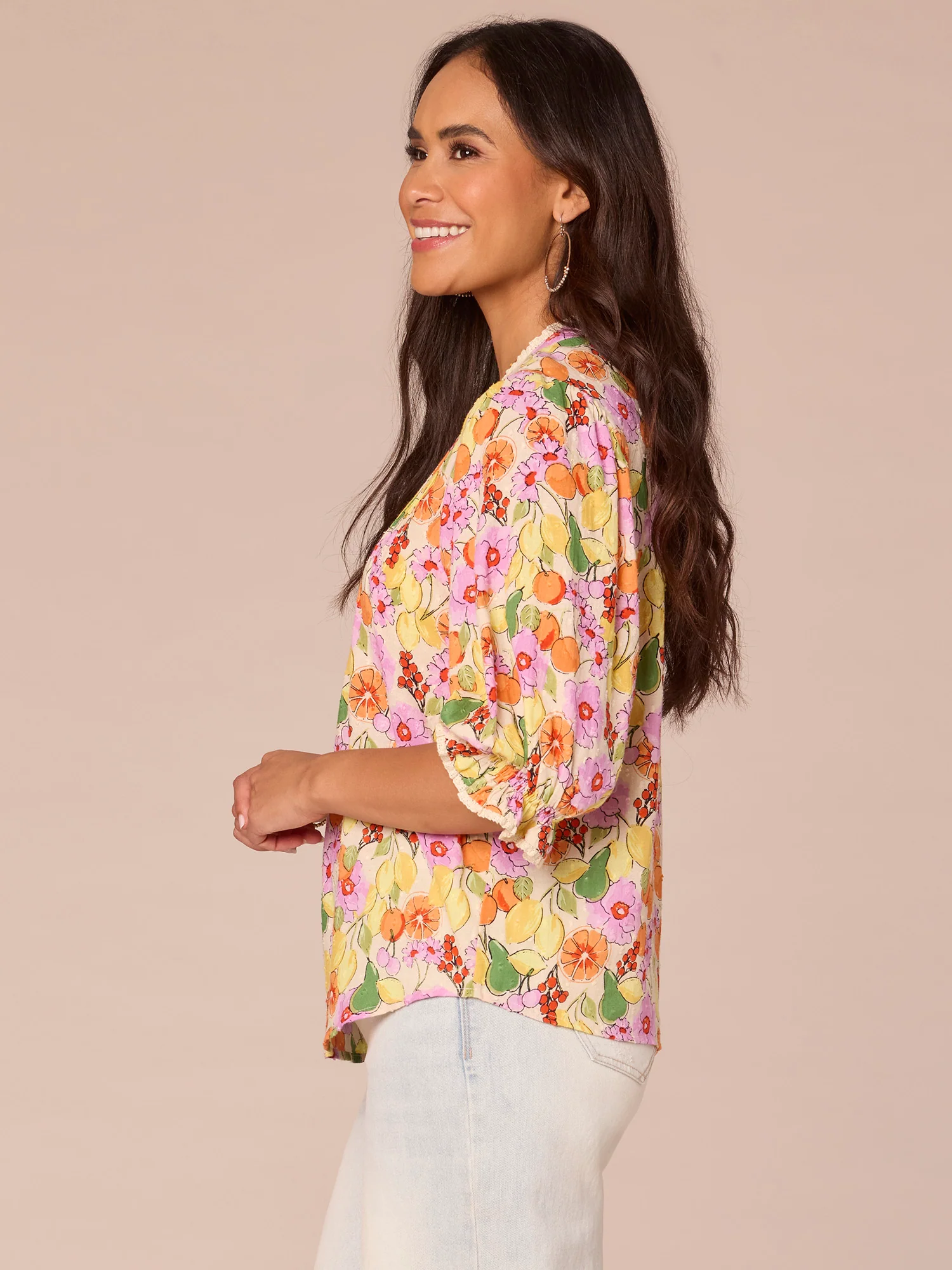 Lantern Sleeve Stand Collar Half Button Placket Printed Woven Top - Legahigh