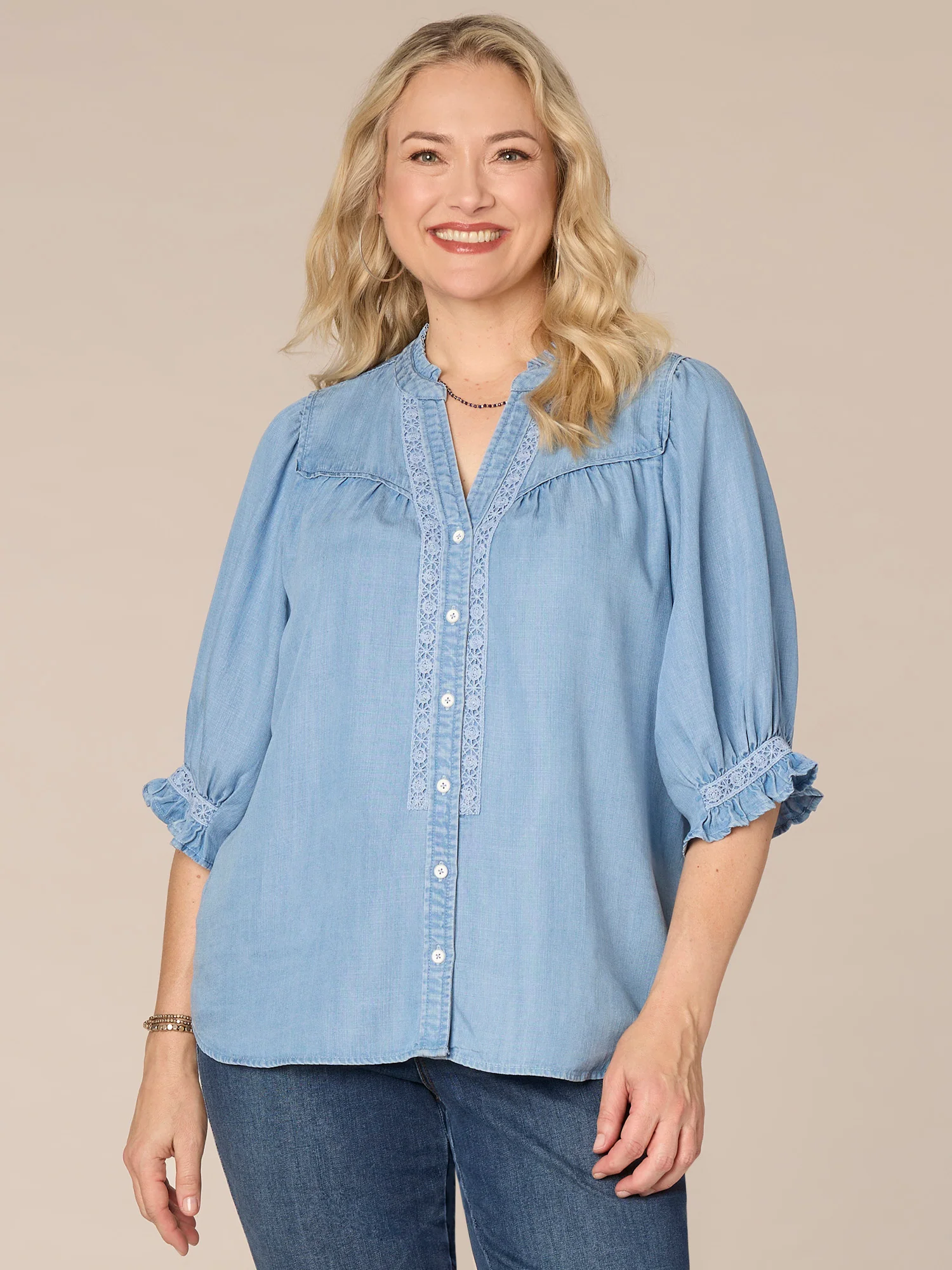 Cinched Band Sleeve Collared Neck Crochet Inset Plus Size Woven Top - Legahigh