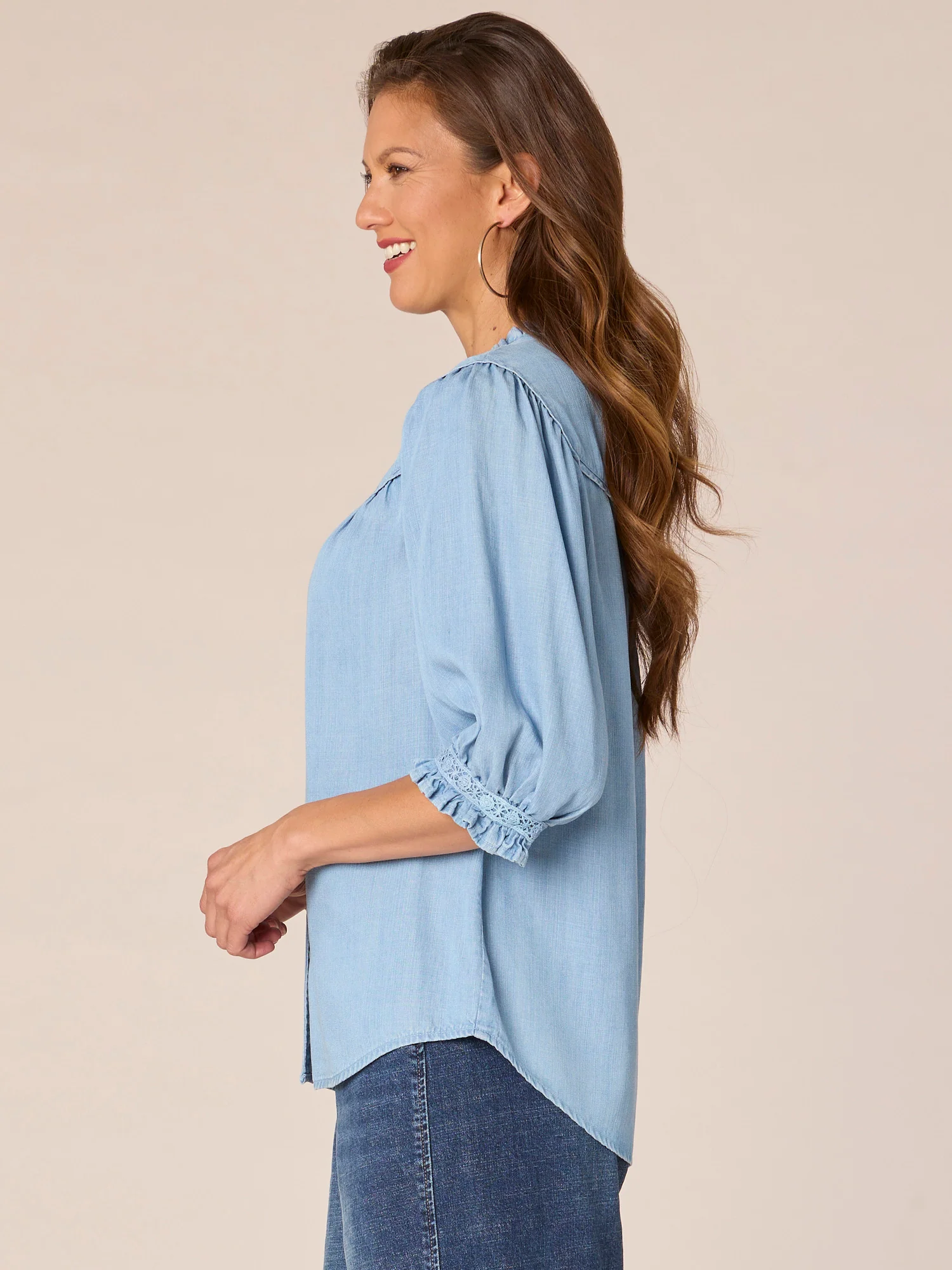 Below Elbow Sleeve Collar Neck Crochet Button Down Petite Woven Top - Legahigh