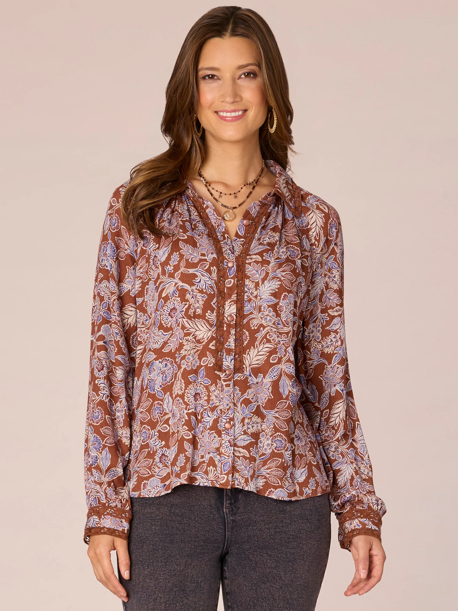 Long Sleeve Crochet Inset Placket Floral Print Woven Shirt - Legahigh