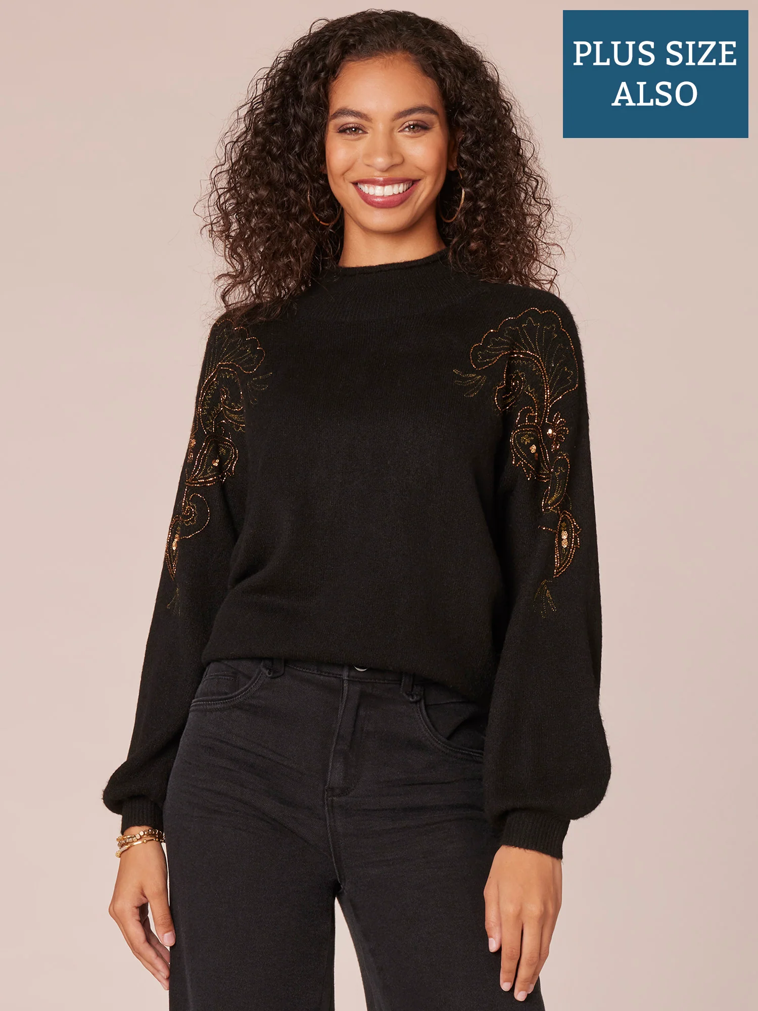 Long Banded Blouson Sleeve Mock Neck Embroidered Plus Size Sweater - Legahigh