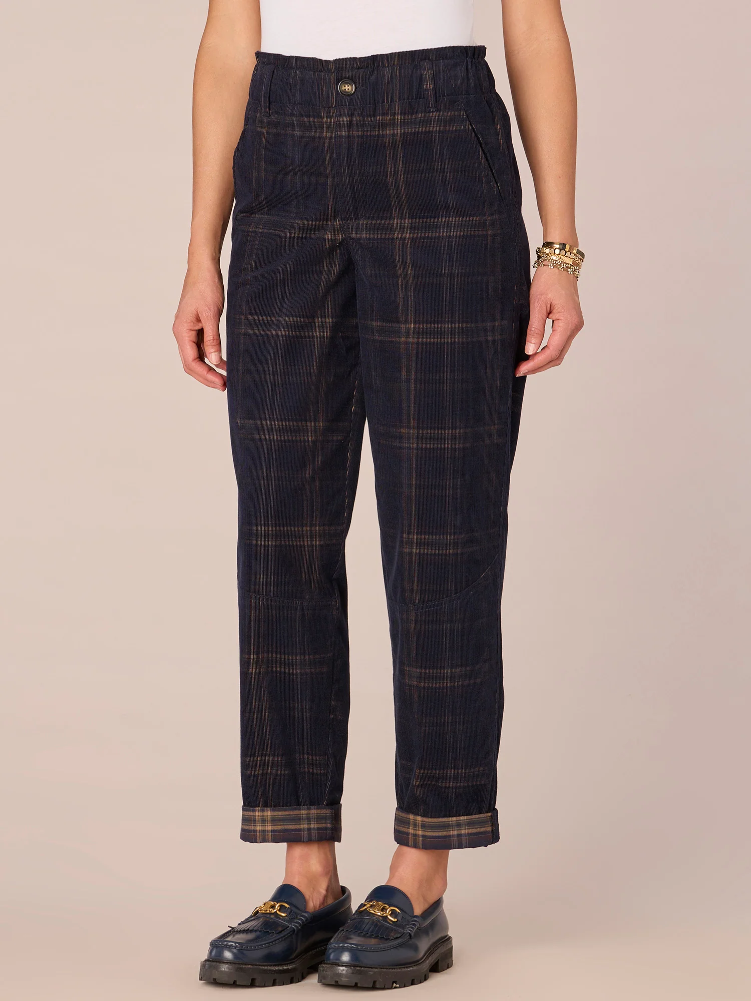Skyrise Paper Bag Waist Roll Cuff Plaid Barrel Leg Pant - Legahigh