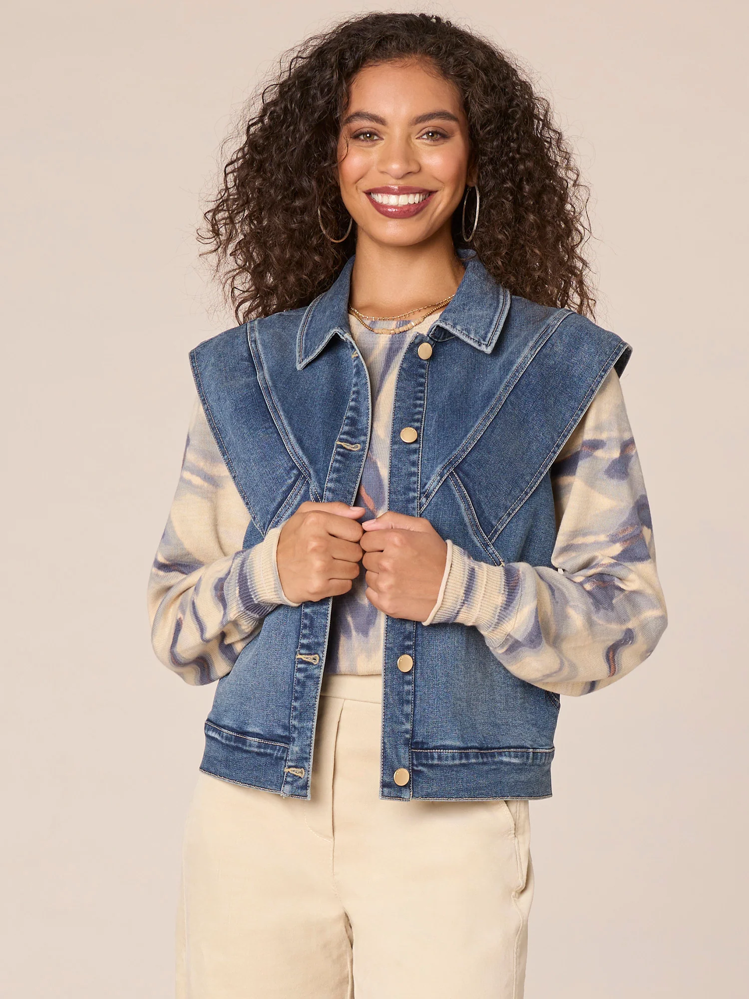 Flange Shoulder Button Front Denim Vest with Hidden Seam Pockets - Legahigh