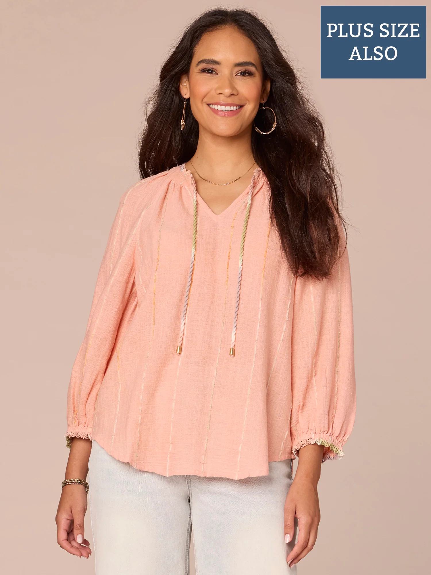 Plus Size Blouson Sleeve V-Neck Braided Tie Crochet Trim Woven Top - Legahigh