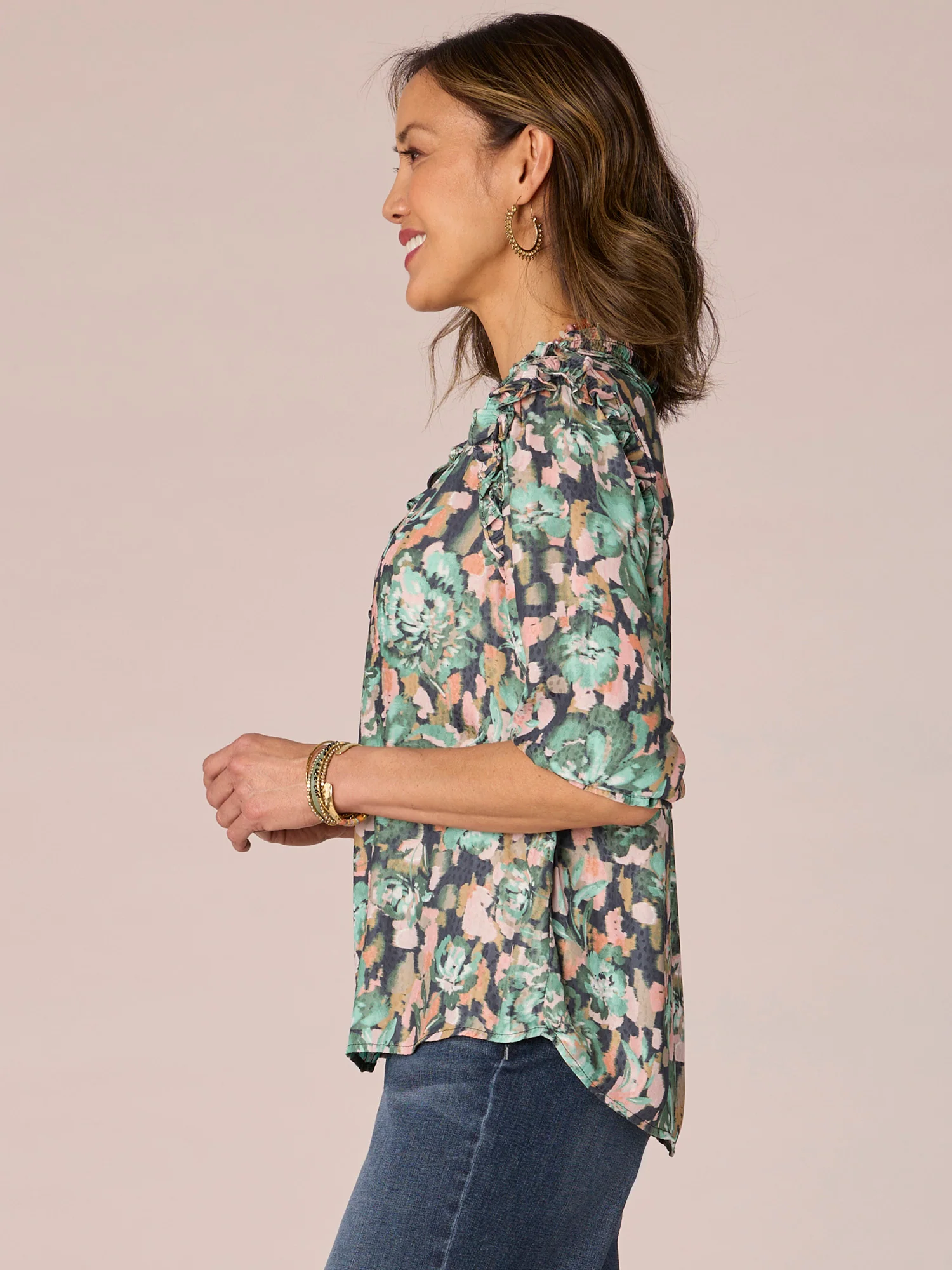 Cinched Sleeve Ruffle Stand Collar Floral Print Petite Woven Top - Legahigh
