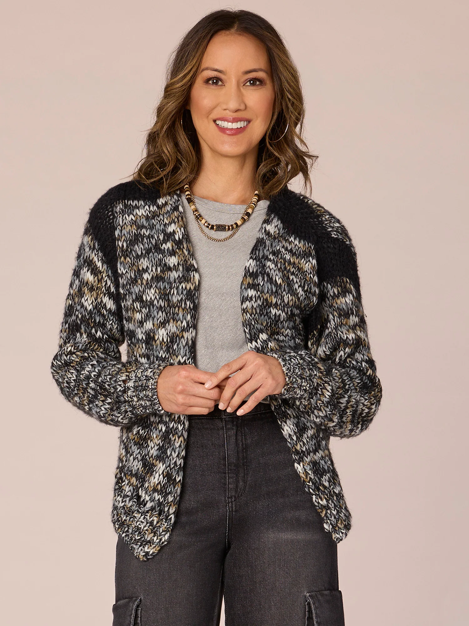 Long Sleeve Open Front Sweater Cardigan with Metallic Yarn - Legahigh