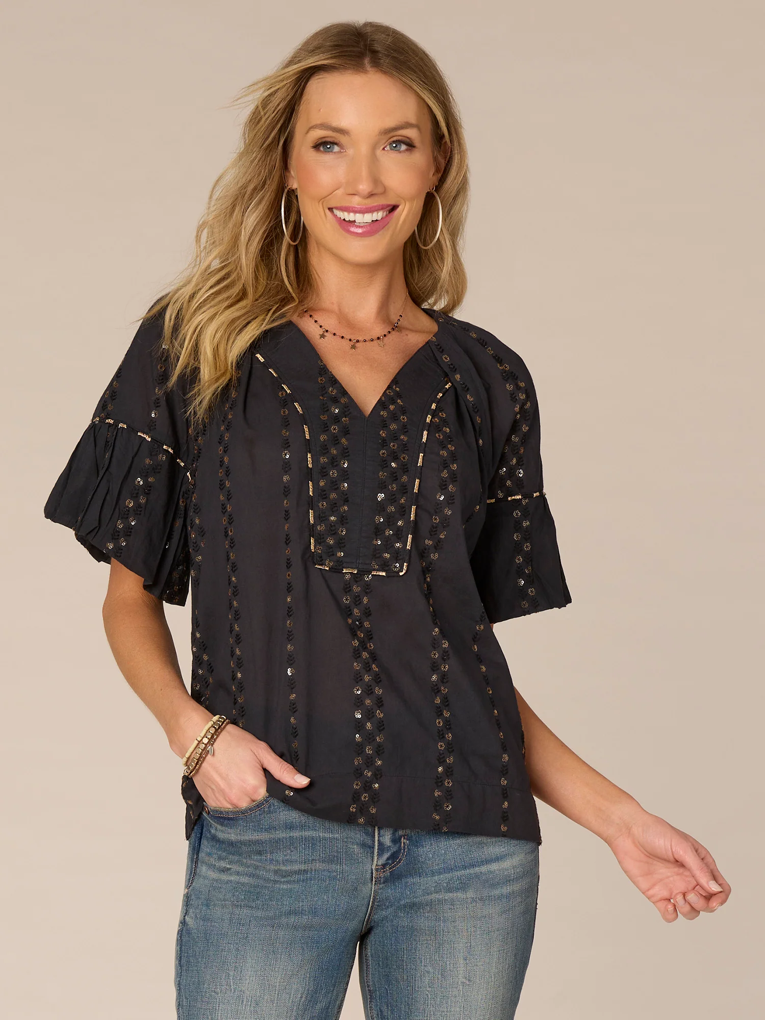 Bubble Sleeve Spliced V-Neck Embroidered Placket Petite Woven Top - Legahigh