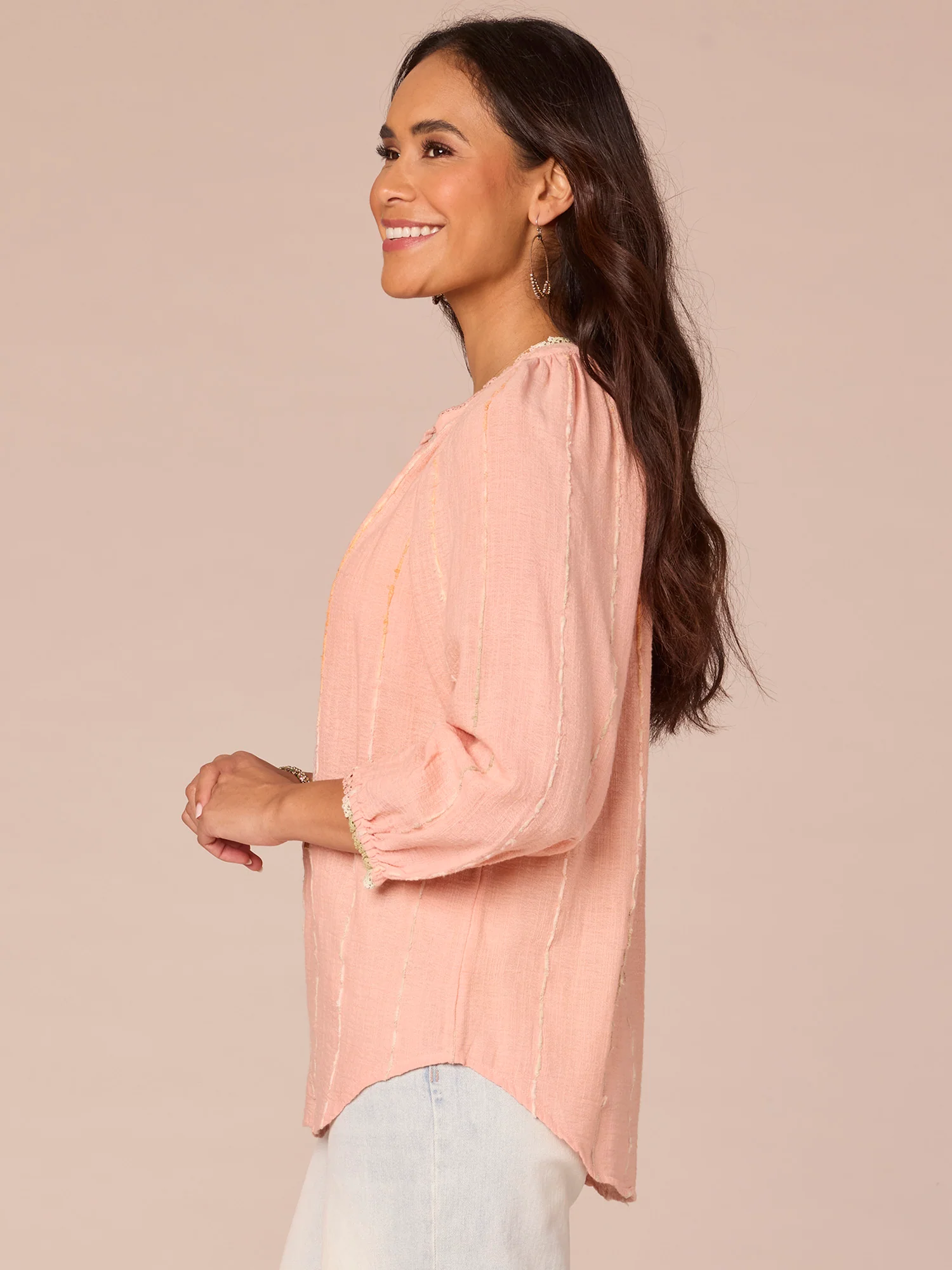 Petite Long Blouson Sleeve V-Neck Crochet Woven Top with Braided Ties - Legahigh