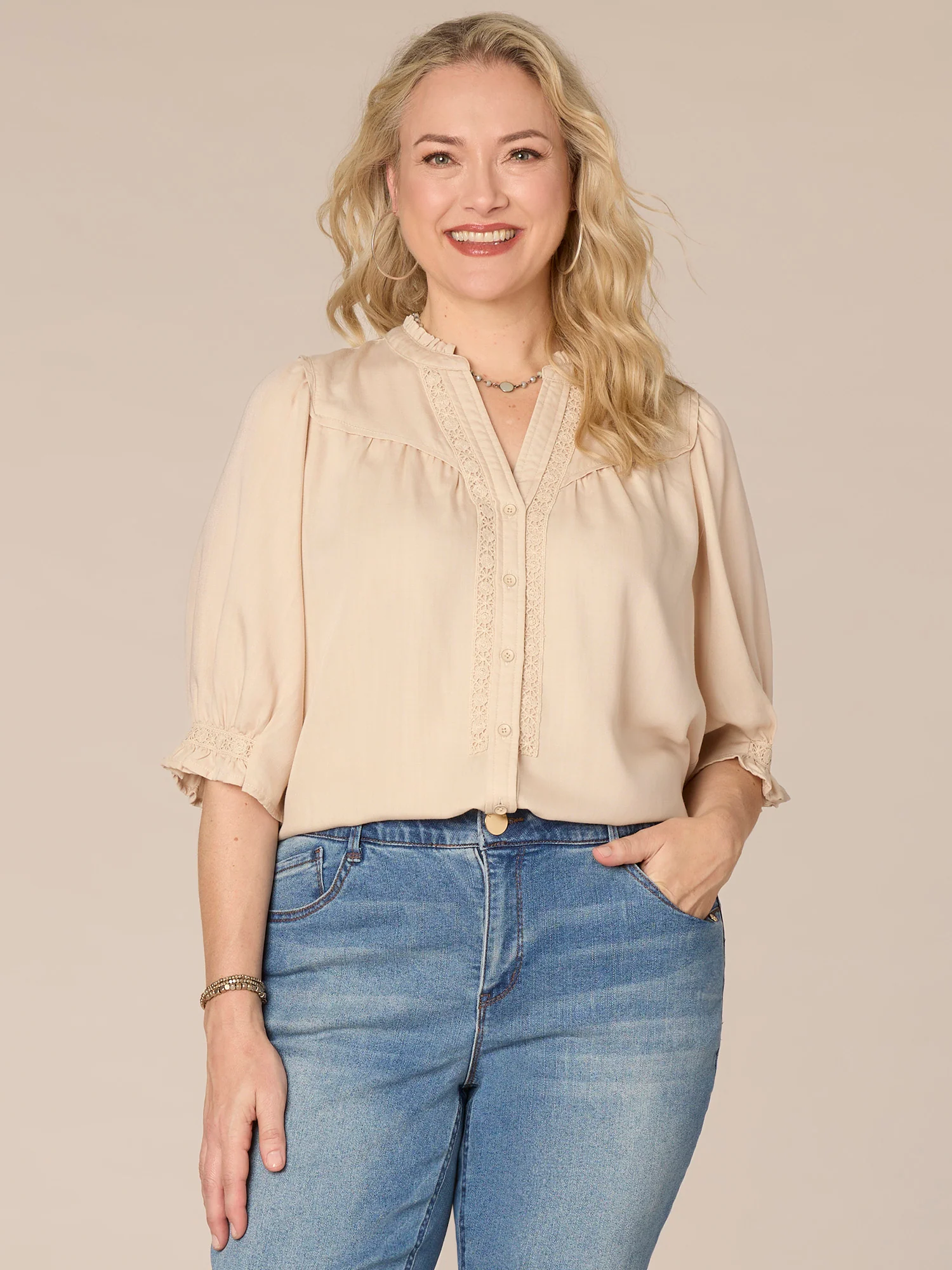 Below Elbow Sleeve Collar V-Neck Button Down Plus Size Woven Top - Legahigh