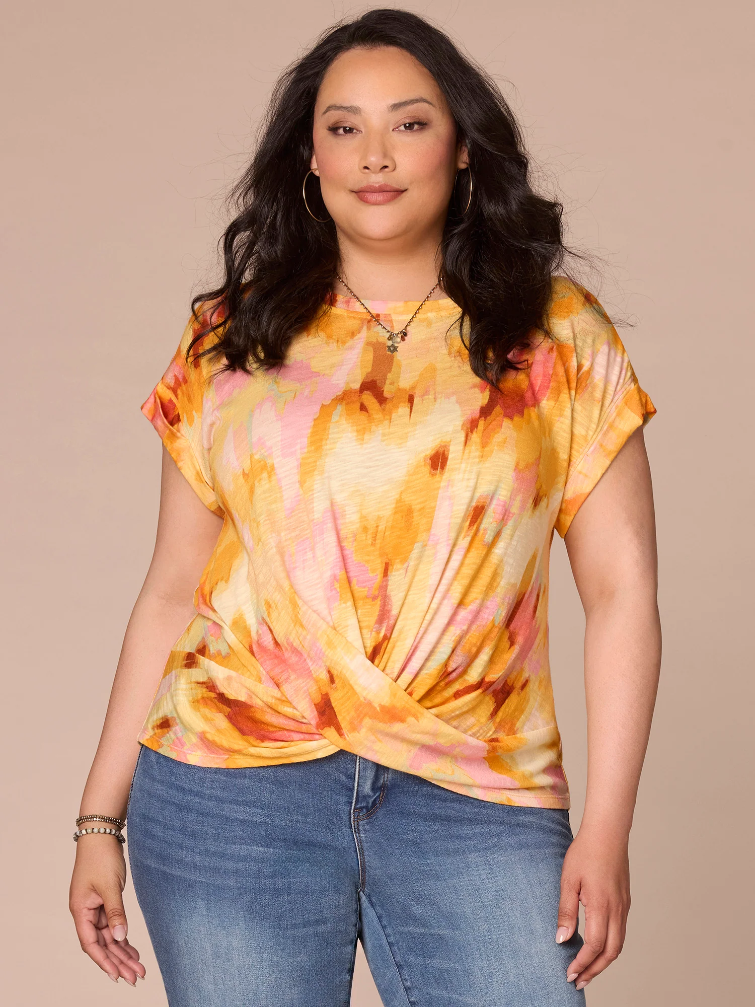 Roll Cuff Sleeve Scoop Neck Twist Hem Tie-Dye Plus Size Knit Top - Legahigh