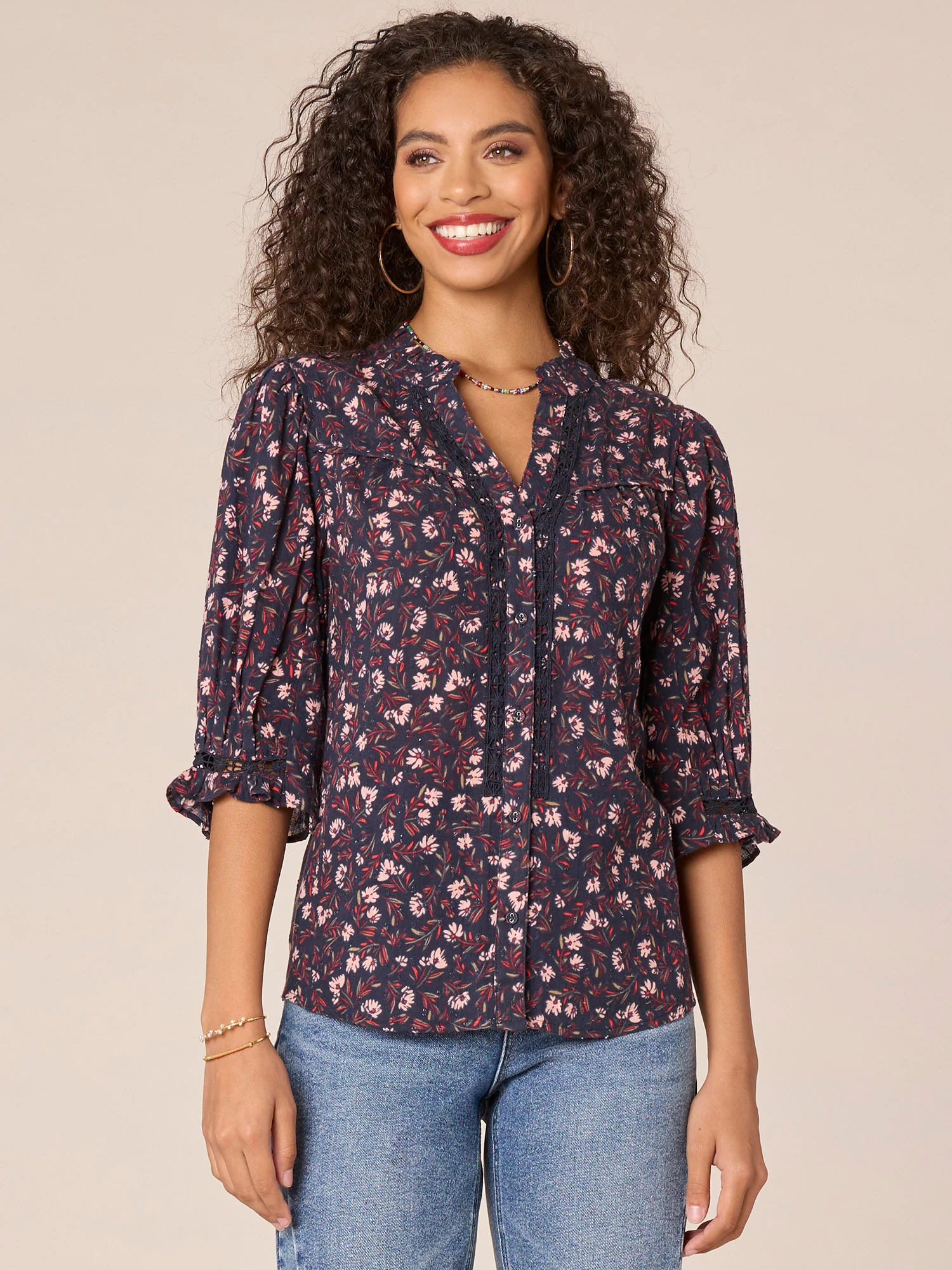 Below Elbow Sleeve V-Neck Crochet Button Down Printed Woven Top - Legahigh