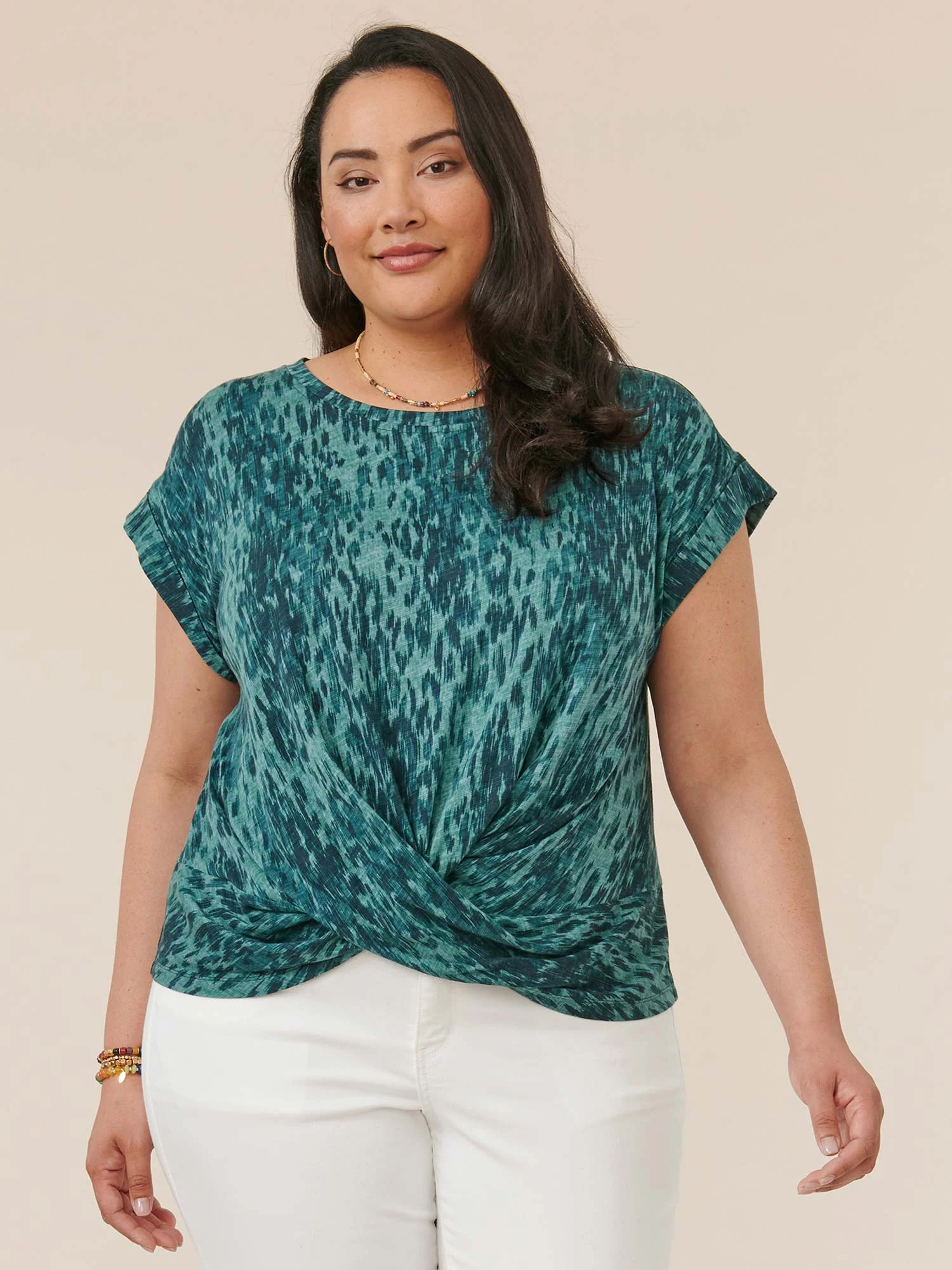 Roll Cuff Sleeve Scoop Neck Twist Hem Tie-Dye Plus Size Knit Top - Legahigh