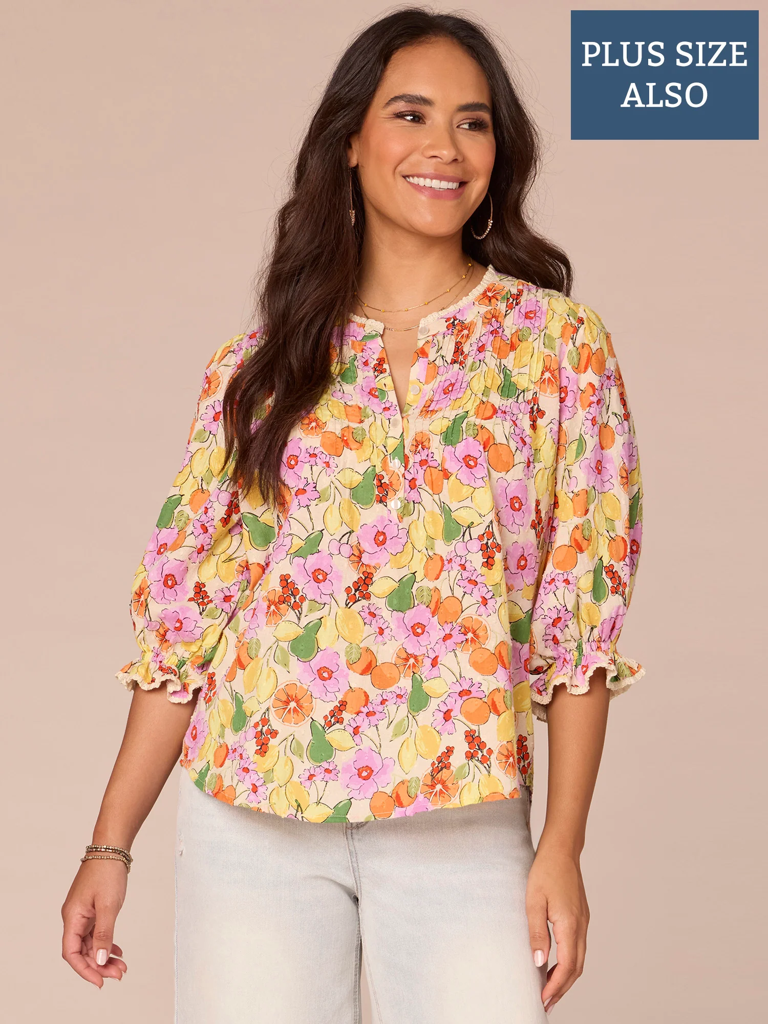 Elbow Sleeve Stand Collar Button Placket Printed Plus Woven Top - Legahigh