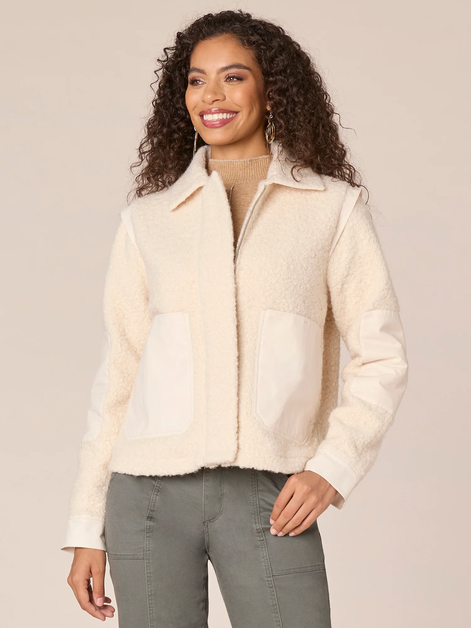 Long Sleeve Flange Shoulder Wide Collar Neck Zip Front Woven Jacket - Legahigh