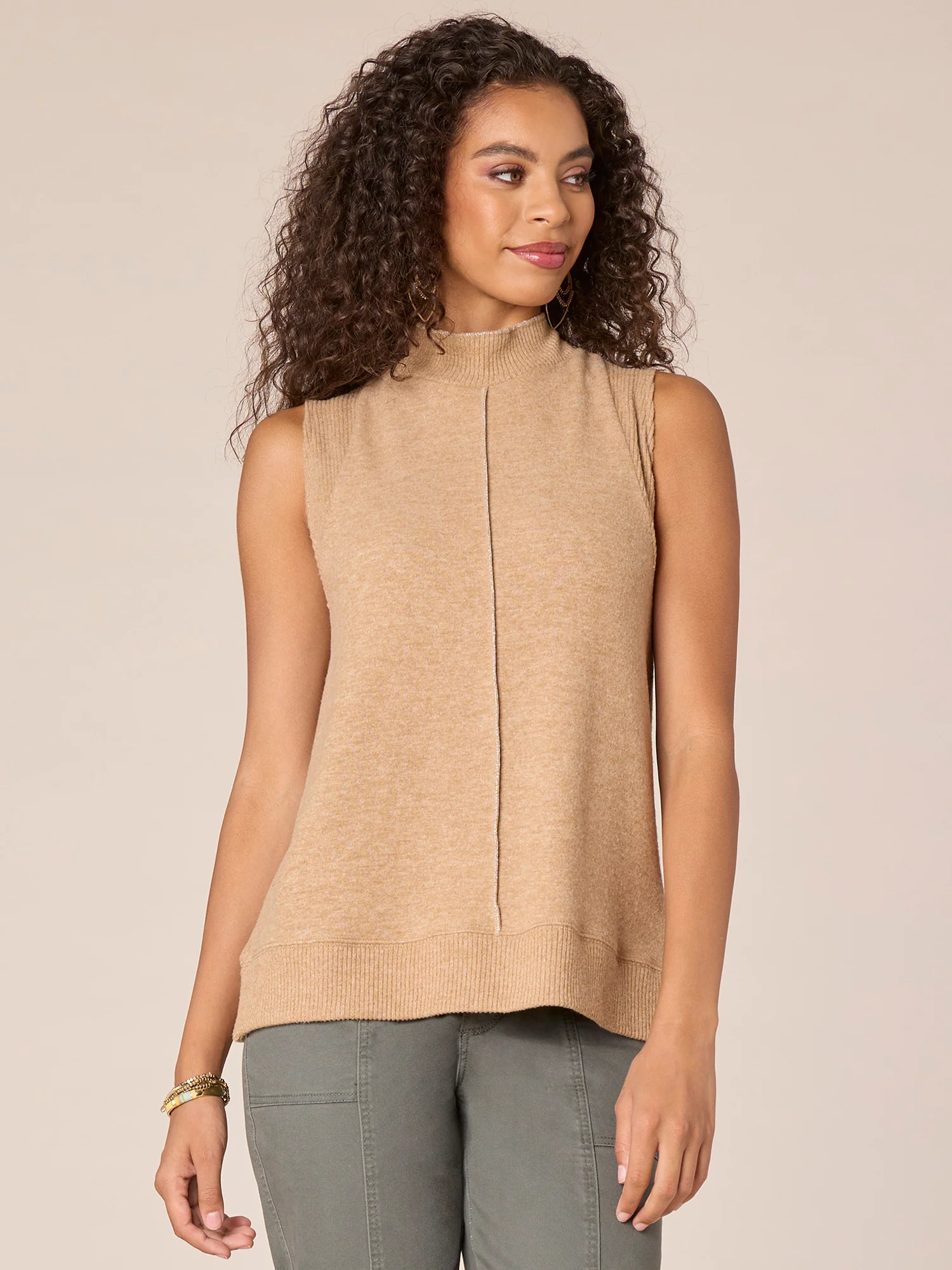 Sleeveless Mock Neck Metallic Seaming Mixed Media Knit Top - Legahigh