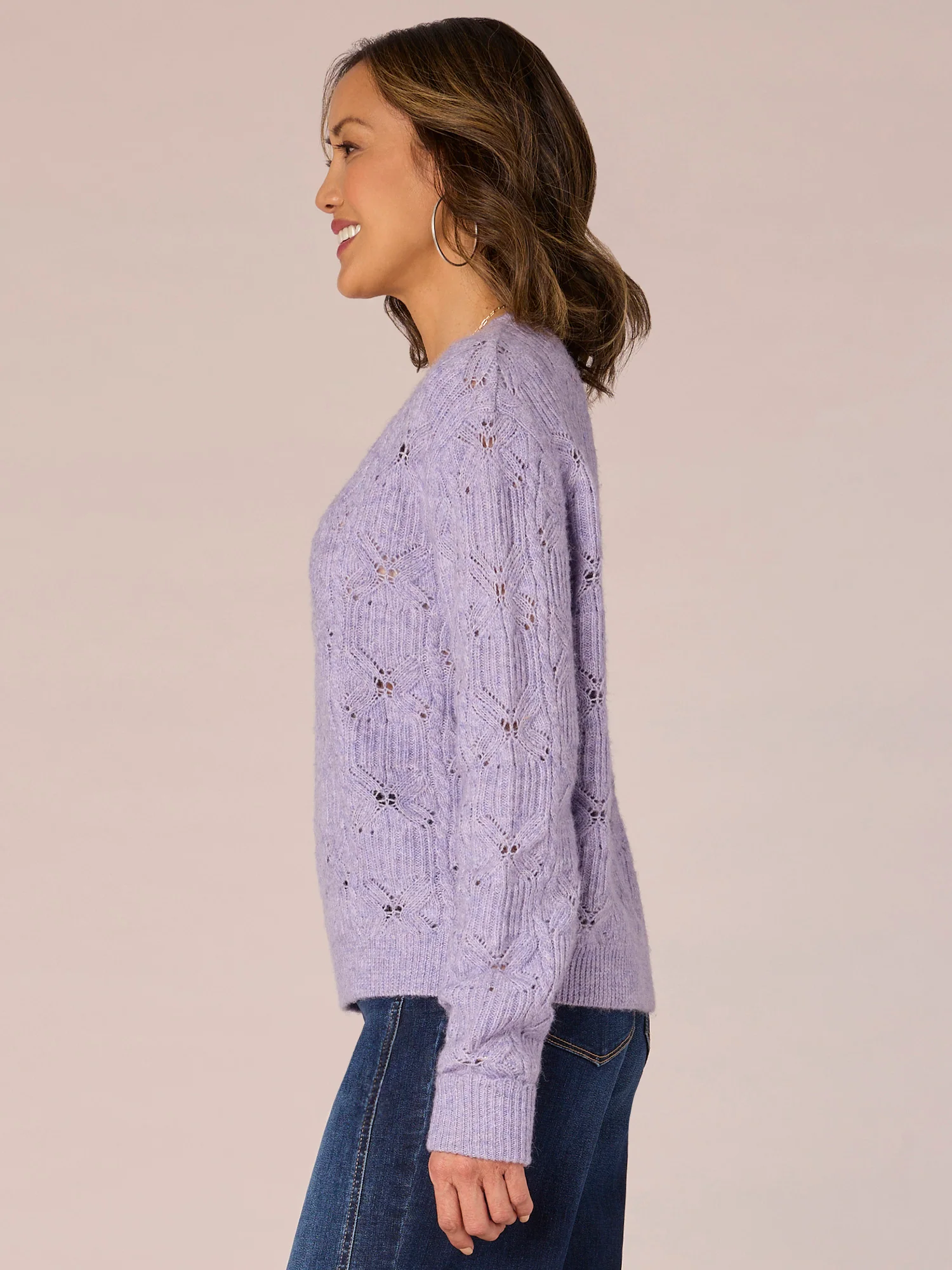 Long Sleeve V-Neck Pointelle Stitch Petite Sweater with Scallop Edge - Legahigh