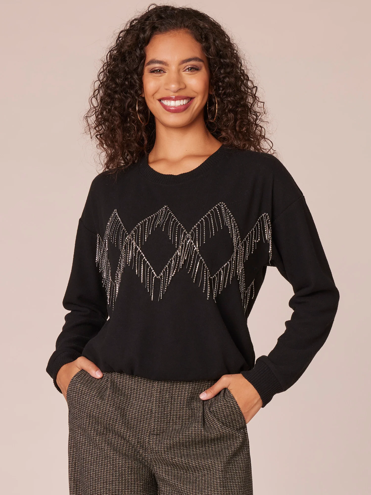 Long Sleeve Scoop Neck Rhinestone Fringe Motif Knit Top - Legahigh