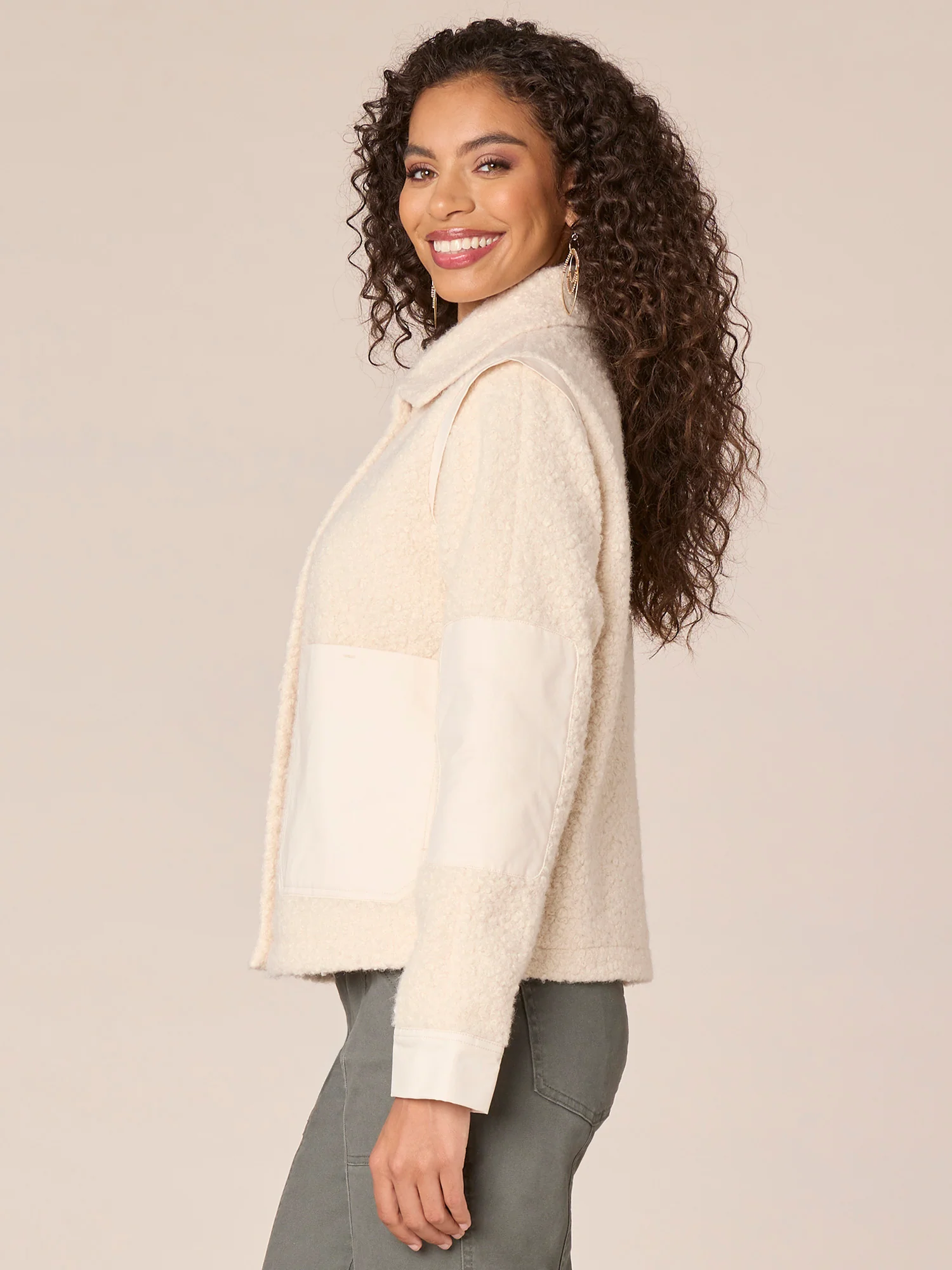 Long Sleeve Flange Shoulder Wide Collar Neck Zip Front Woven Jacket - Legahigh