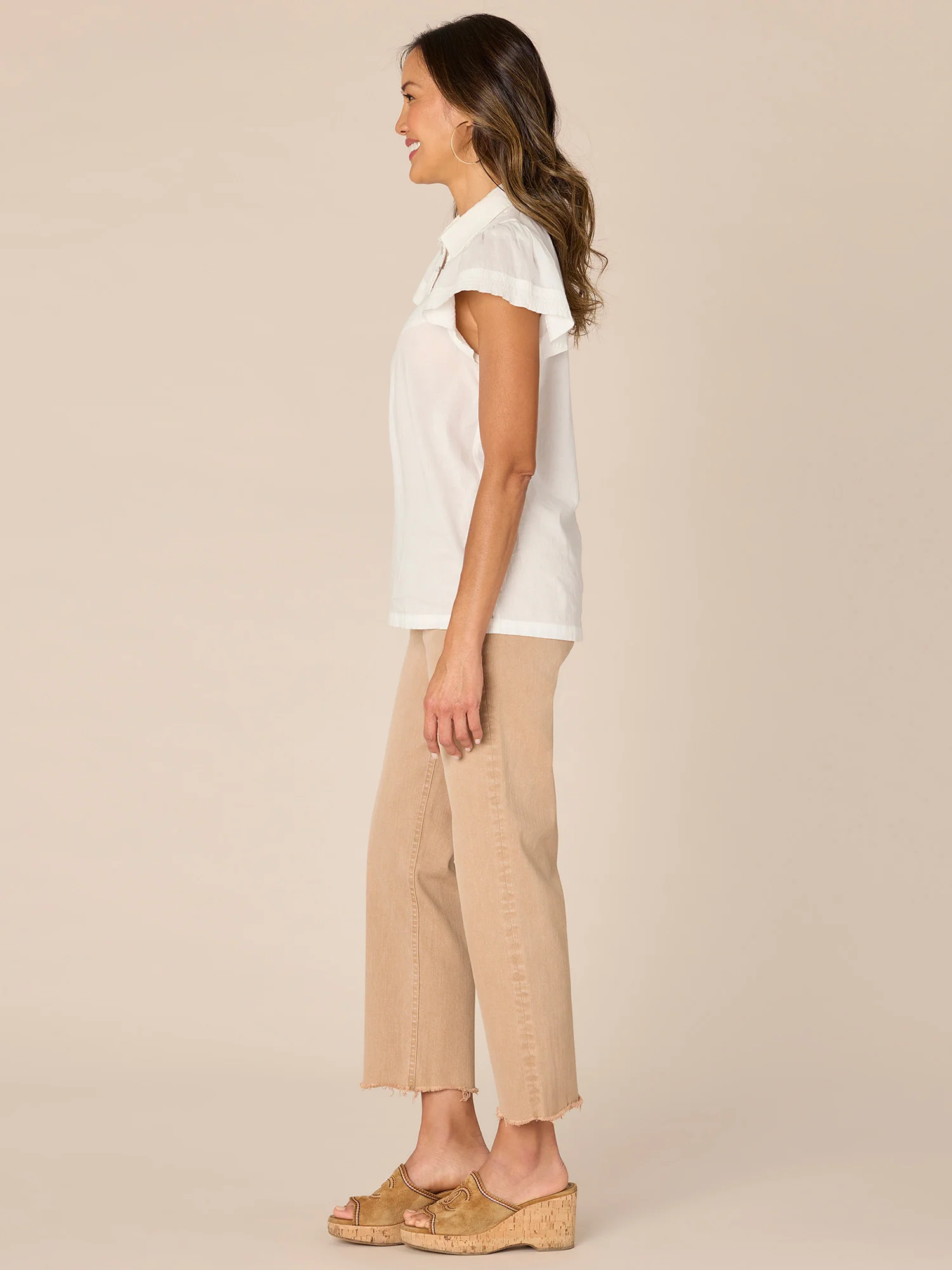 Flounce Sleeve Collared Neck Novelty Smocked Woven Top - Legahigh