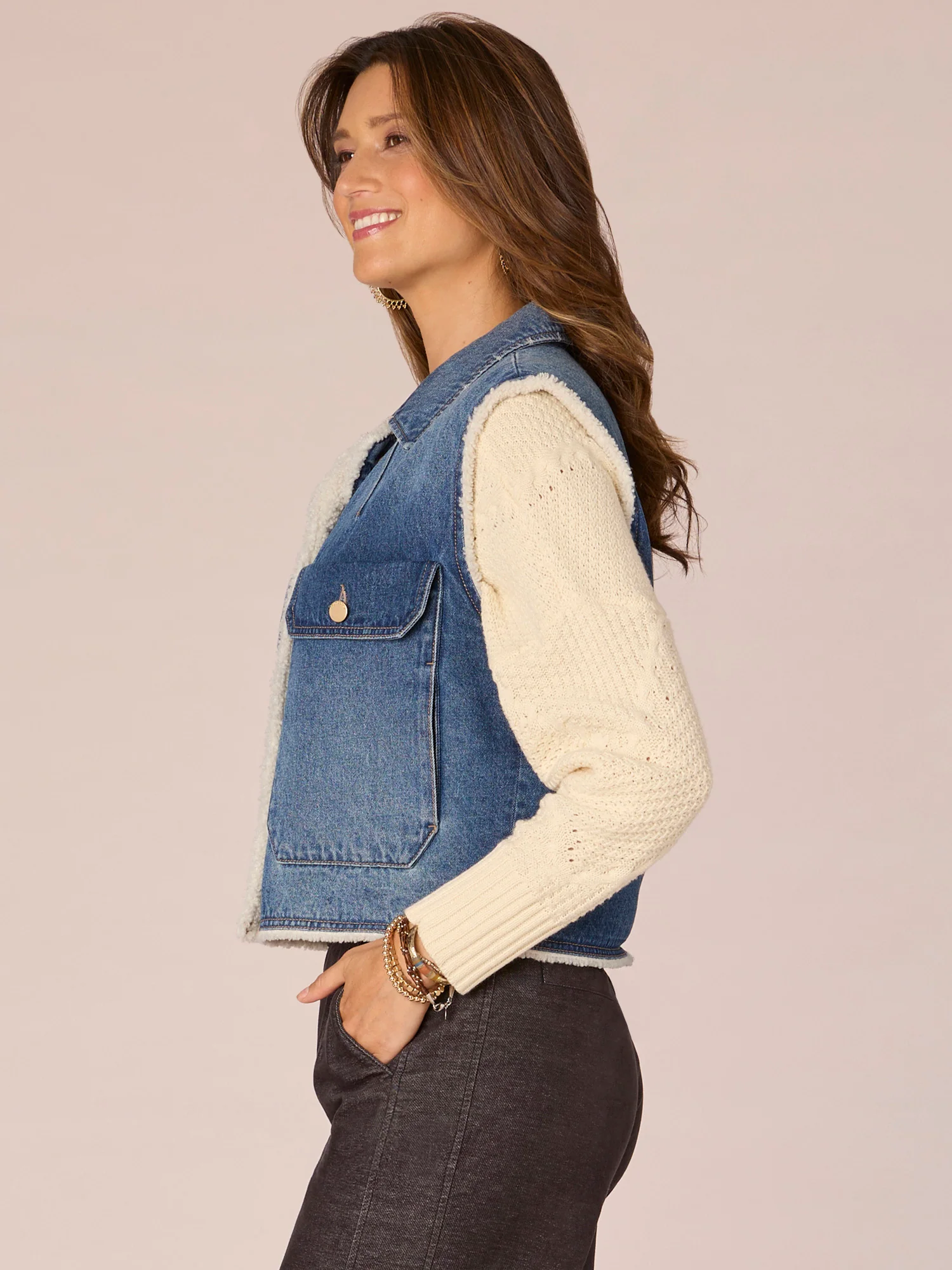 Sleeveless Button Front Sherpa Lined Vest with Oversized Pockets - Legahigh