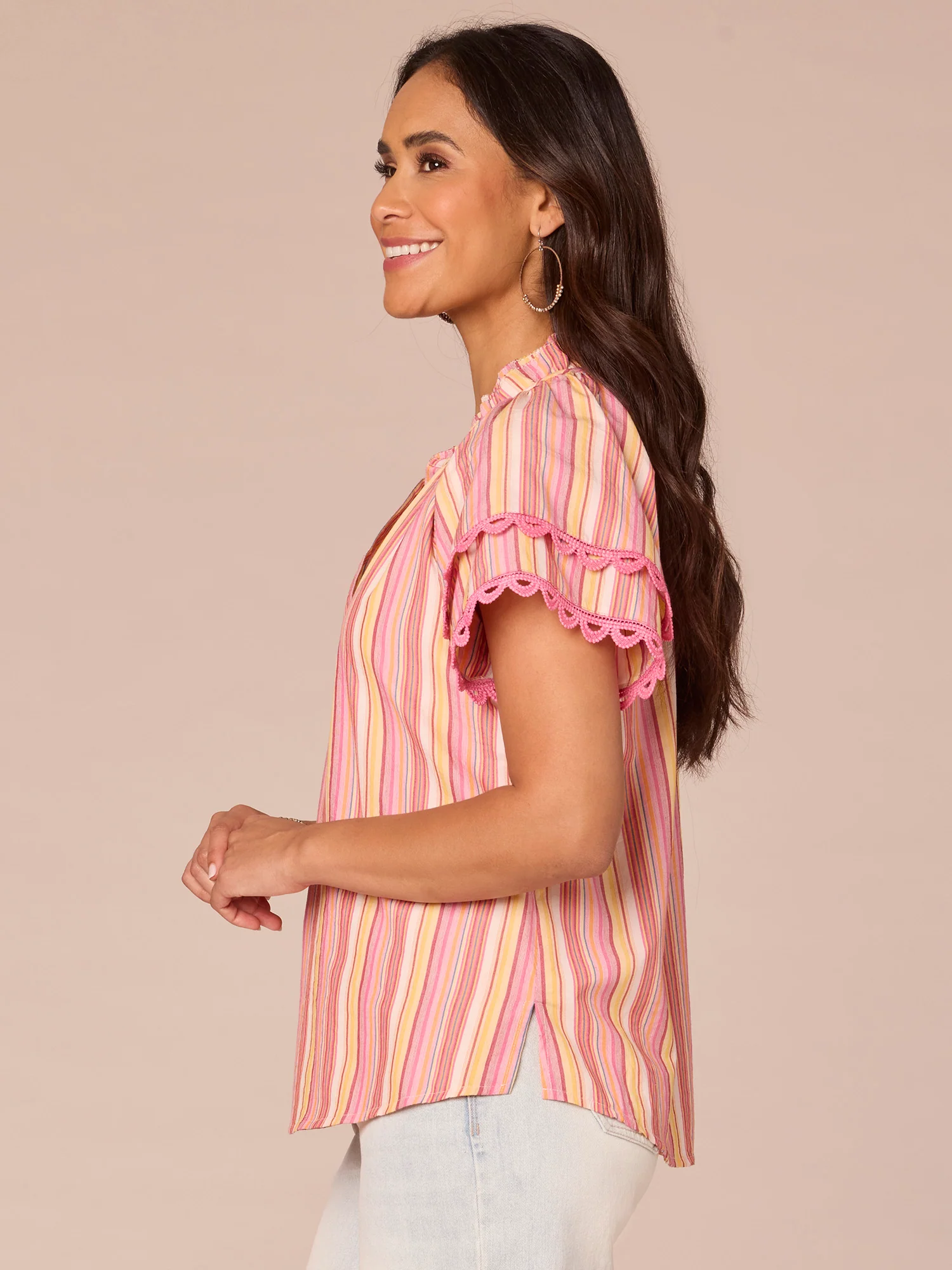 Short Double Flounce Sleeve Ruffle Stand Collar Plus Size Woven Top - Legahigh