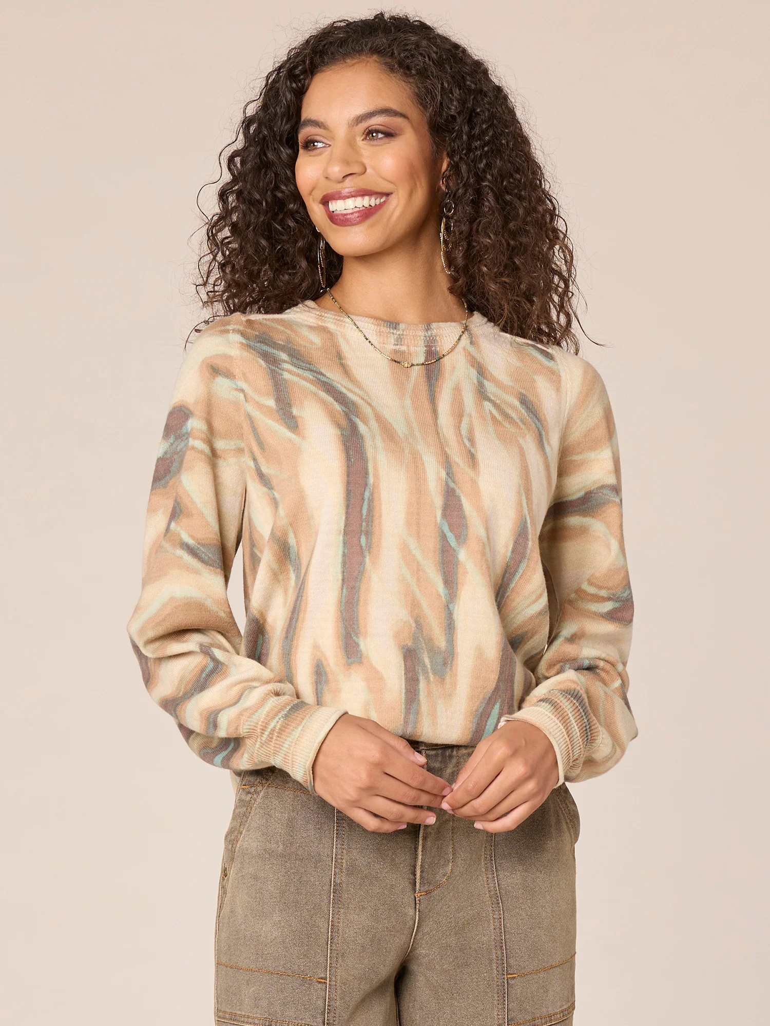 Long Sleeve Round Neck Printed Hi-Low Shirttail Hem Petite Sweater - Legahigh