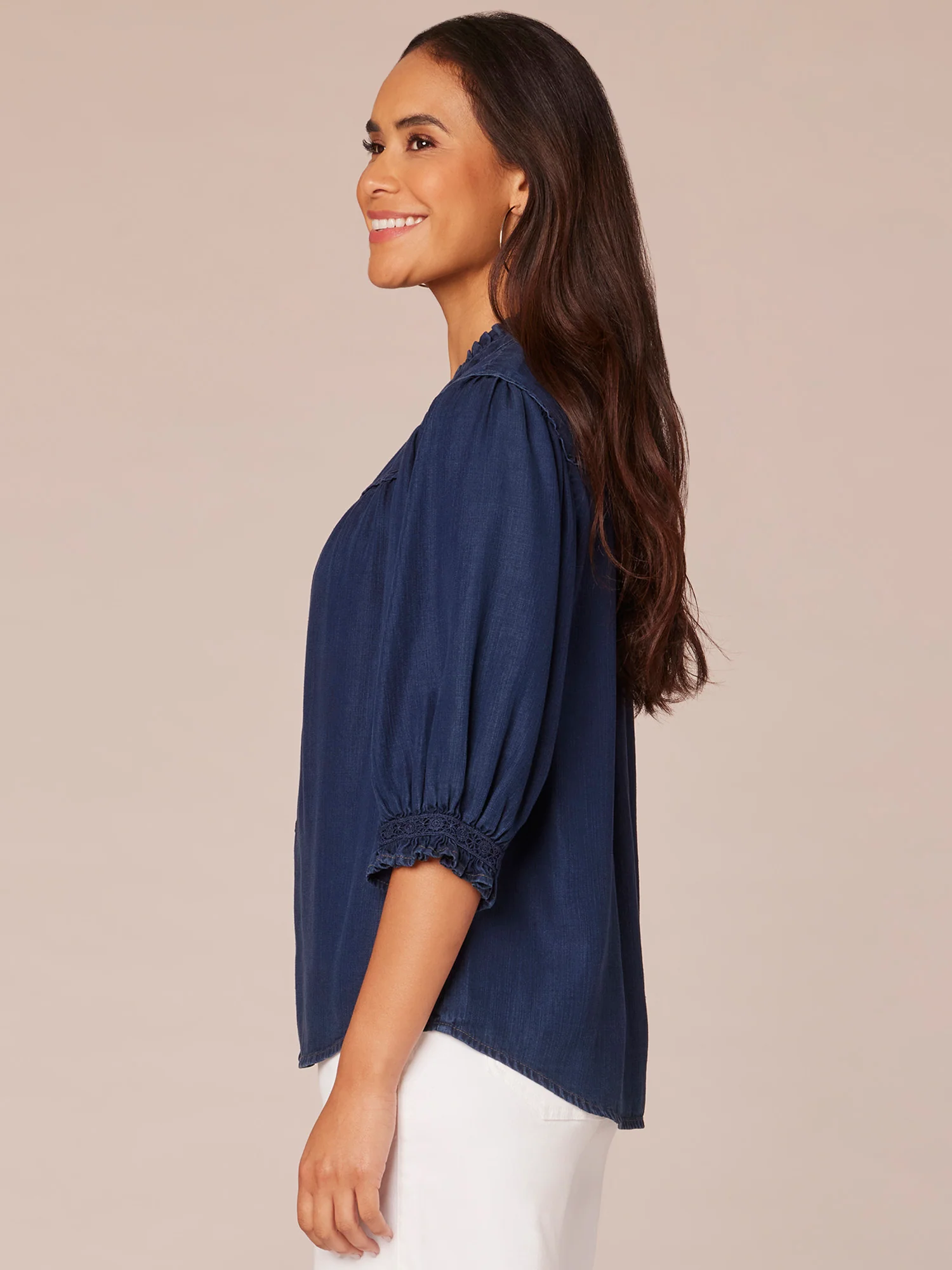 Below Elbow Sleeve Ruffle Edge Split V-Neck Button Down Woven Top - Legahigh