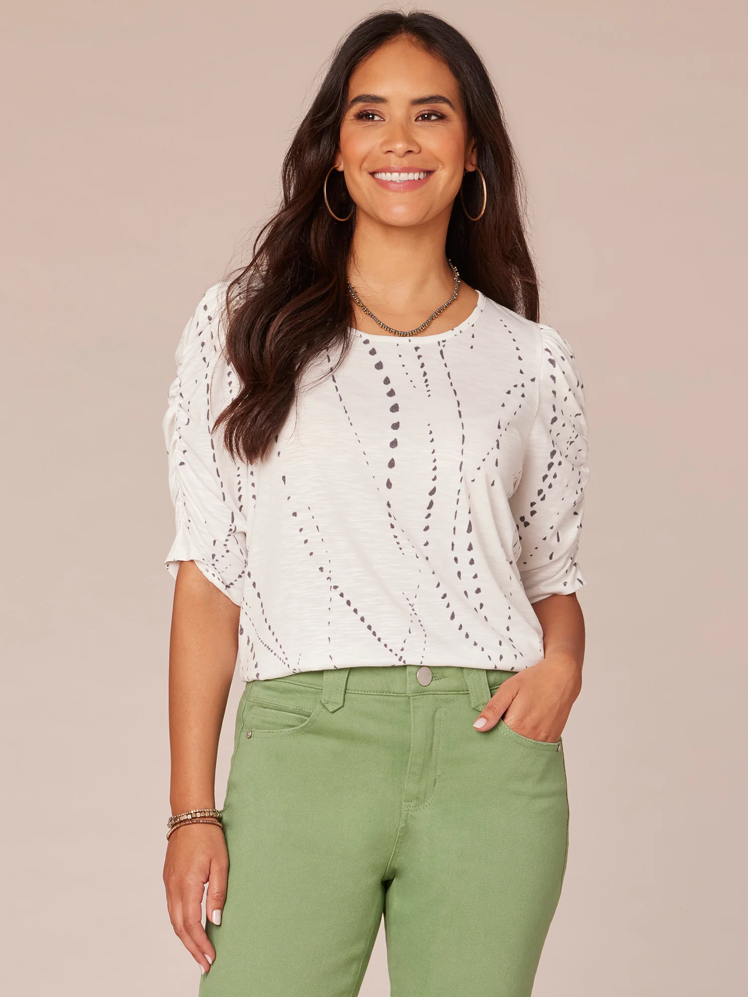 Ruched Elbow Sleeve Scoop Neck Dot Print Knit Top - Legahigh