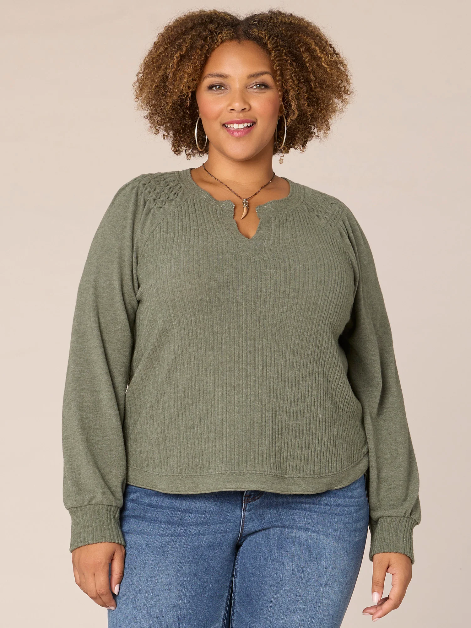 Long Smocked Sleeve Mandarin Collar Half Placket Plus Size Knit Top - Legahigh