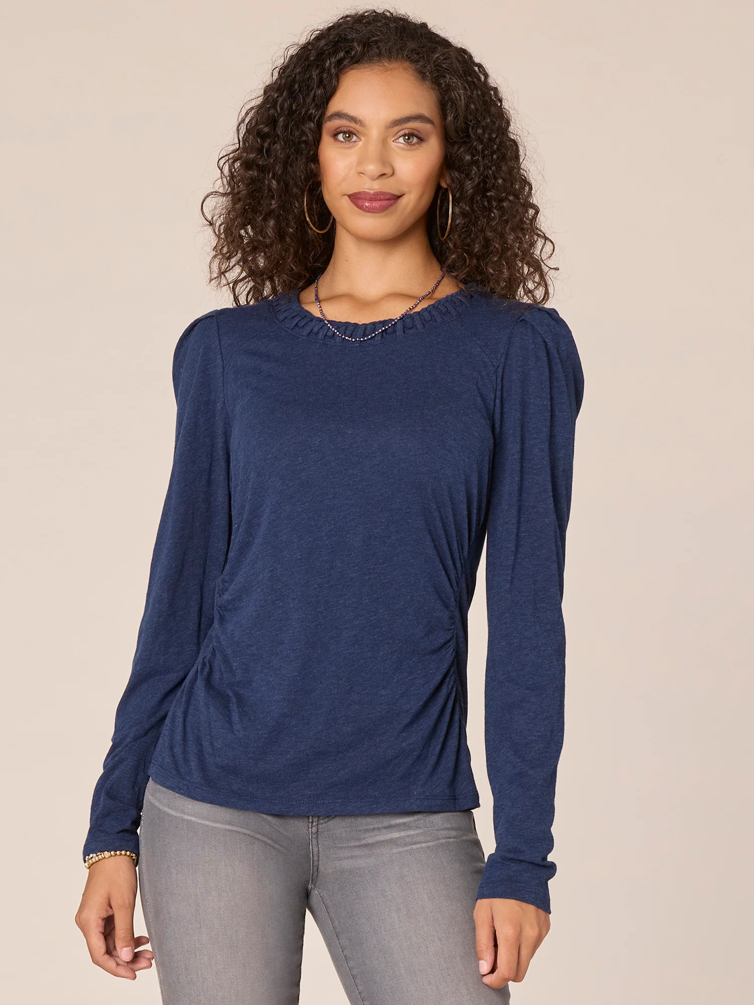 Long Sleeve Soutache Embroidered Neck Ruched Petite Knit Top - Legahigh