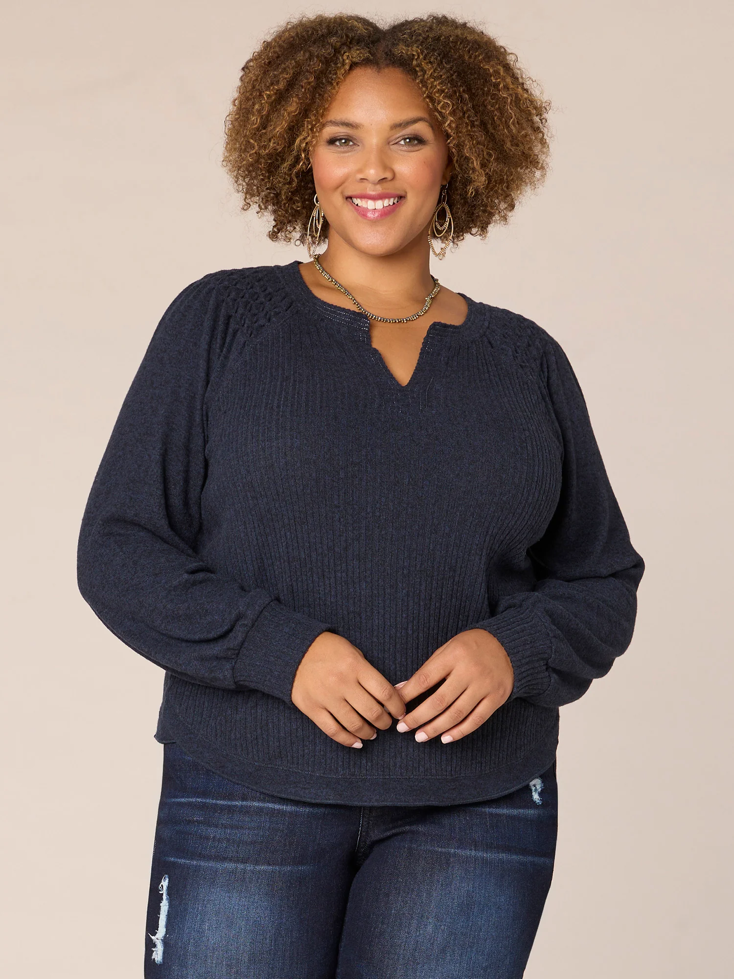 Long Smocked Sleeve Mandarin Collar Half Placket Plus Size Knit Top - Legahigh