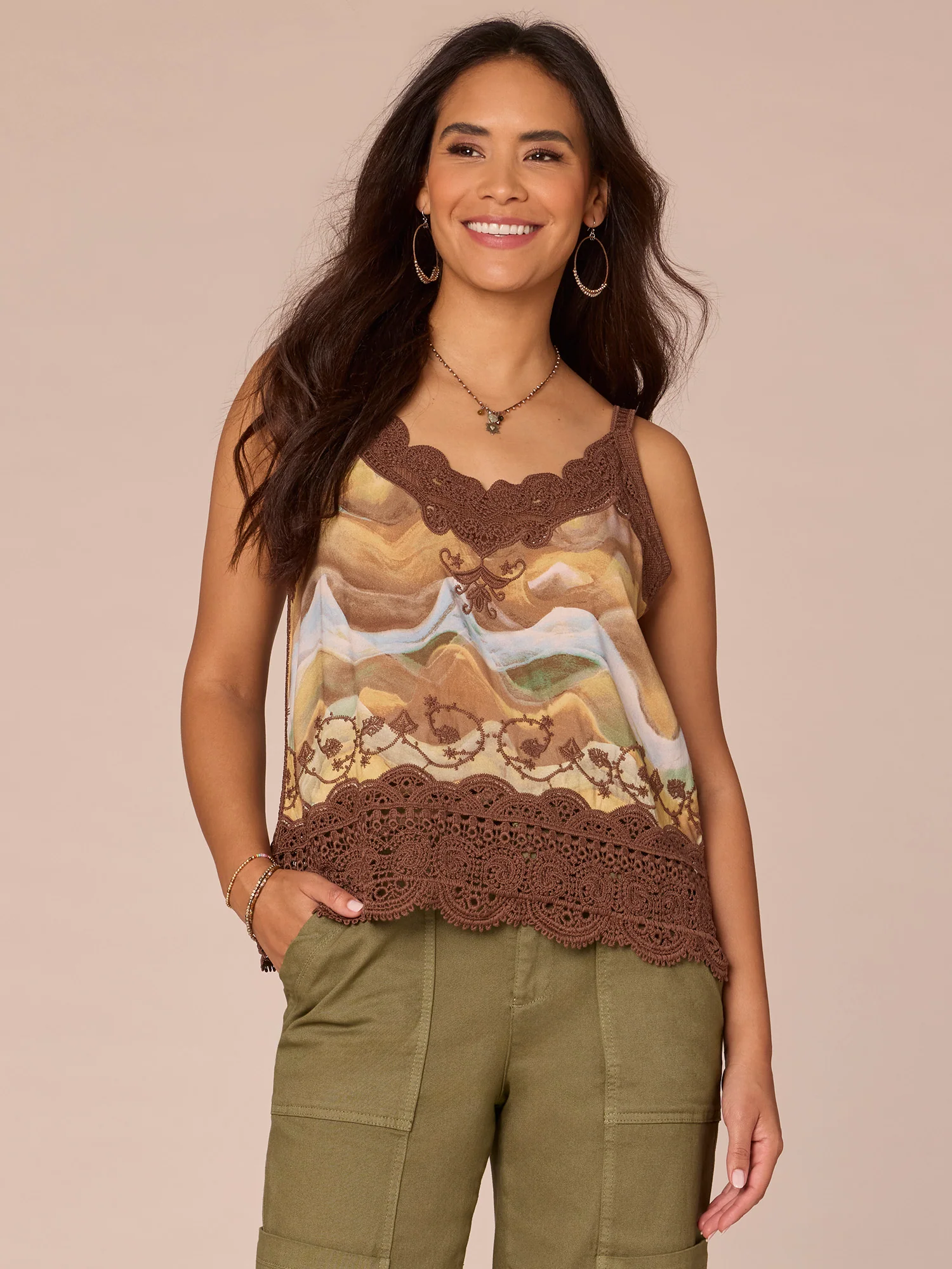 Sleeveless V-Neck Scallop Edge Printed Embroidered Woven Tank Top - Legahigh