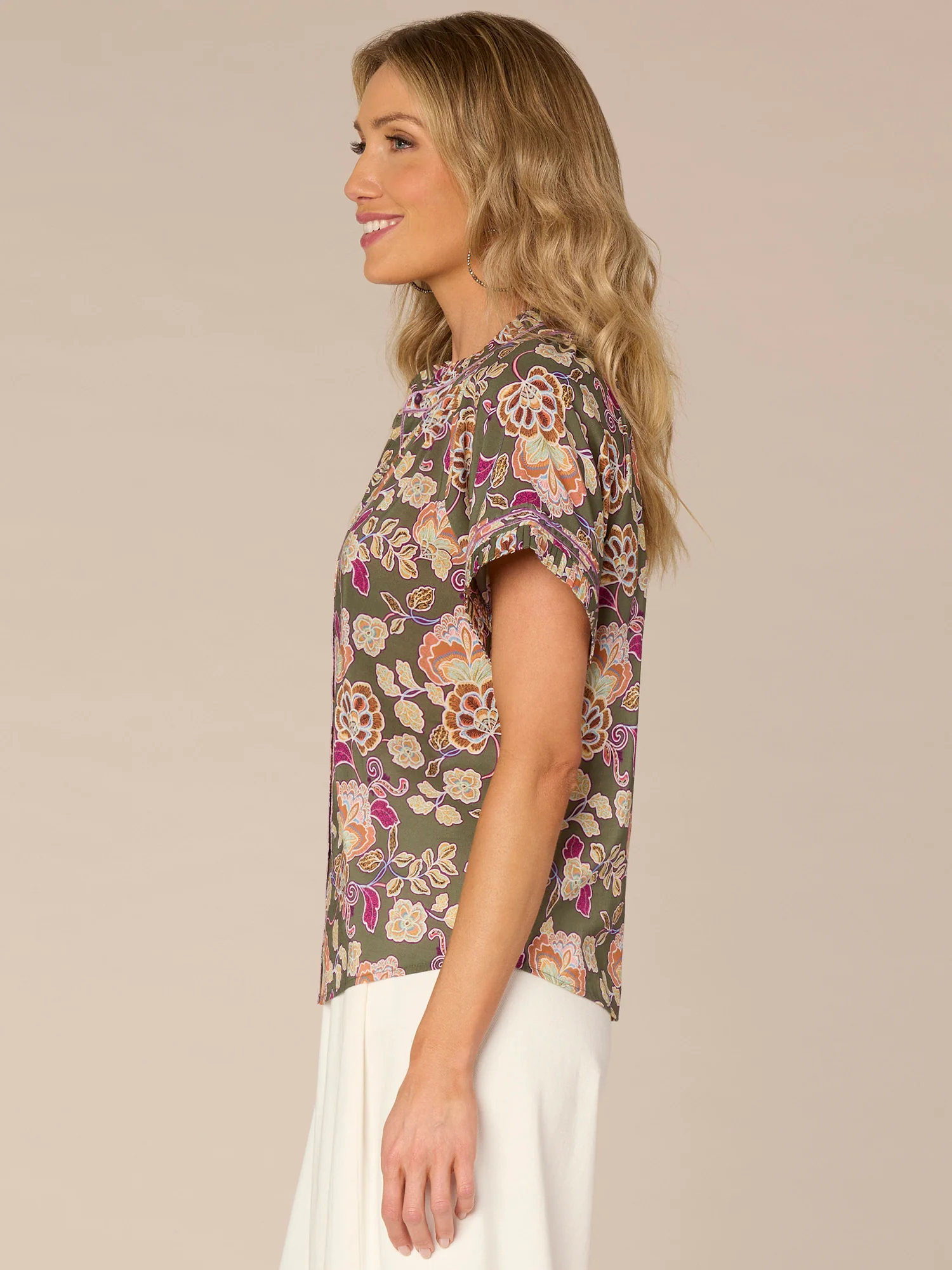 Short Sleeve Pleated Collar Button Down Floral Print Petite Woven Top - Legahigh