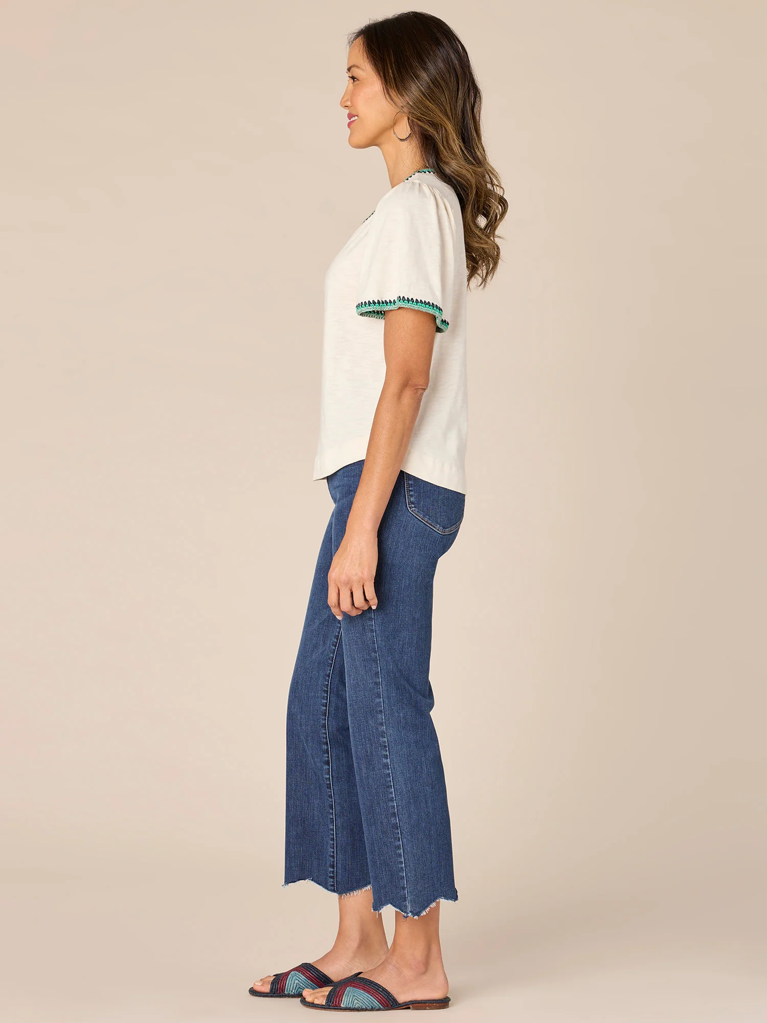 Bell Sleeve Multi Color Trim Crochet V-Neck Petite Knit Top - Legahigh