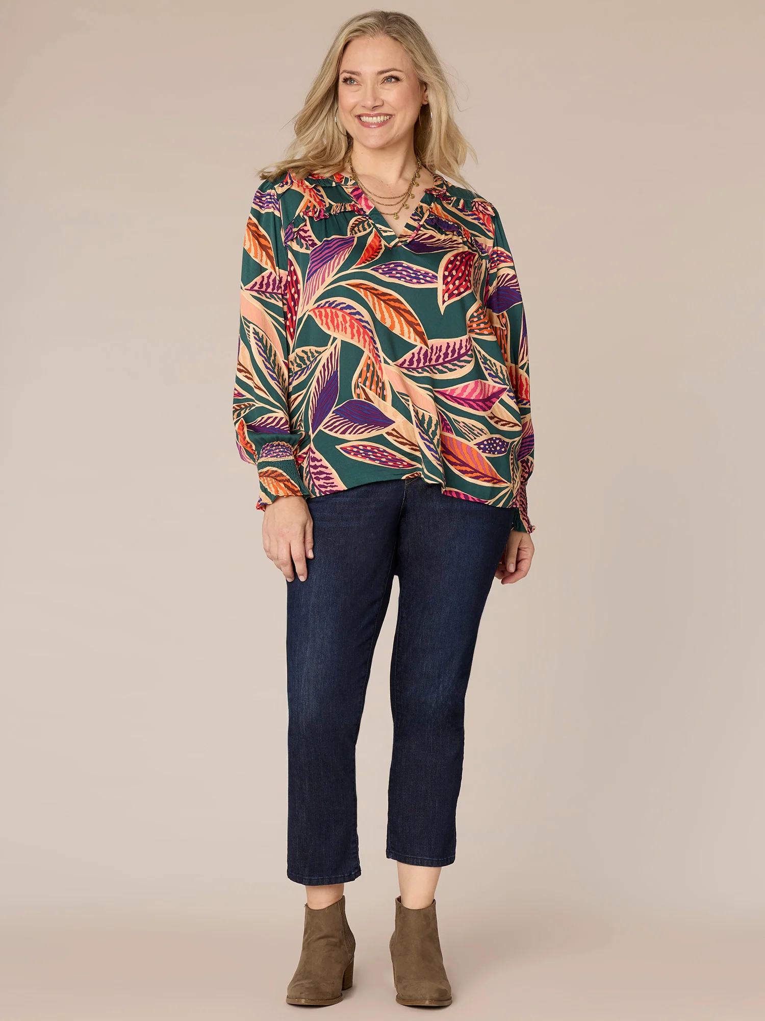 Long Smock Cuff Sleeve Split V-Neck Abstract Print Plus Size Woven Top - Legahigh