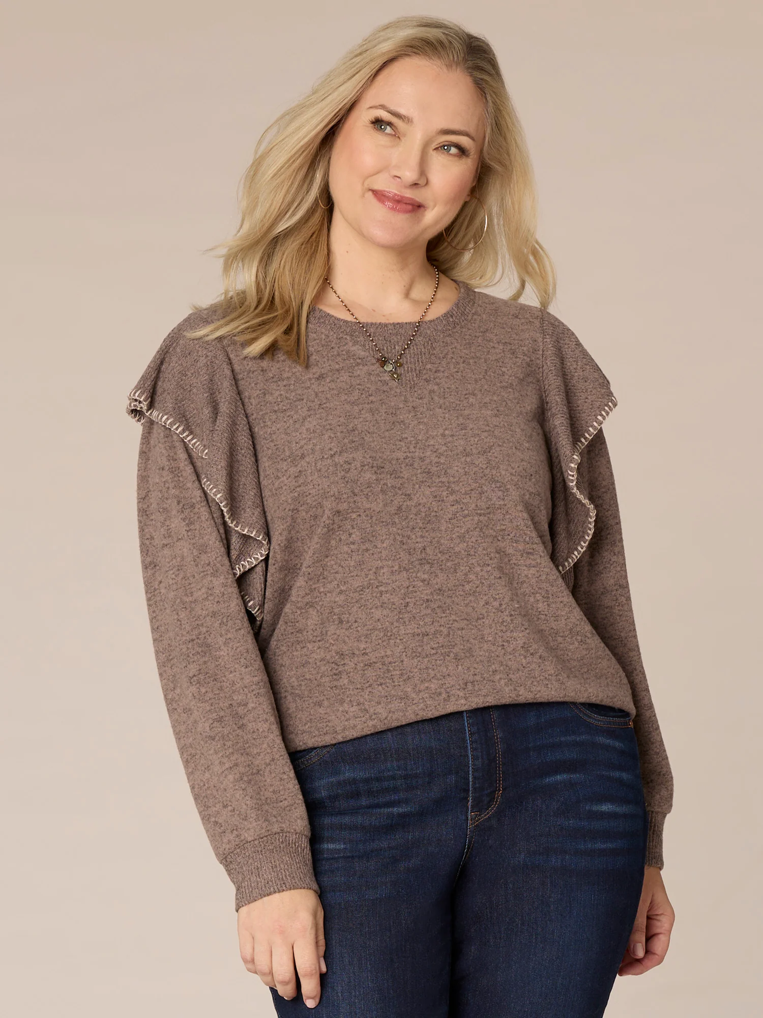 Long Sleeve Scoop Neck V-Placket Embroidered Plus Size Knit Top - Legahigh