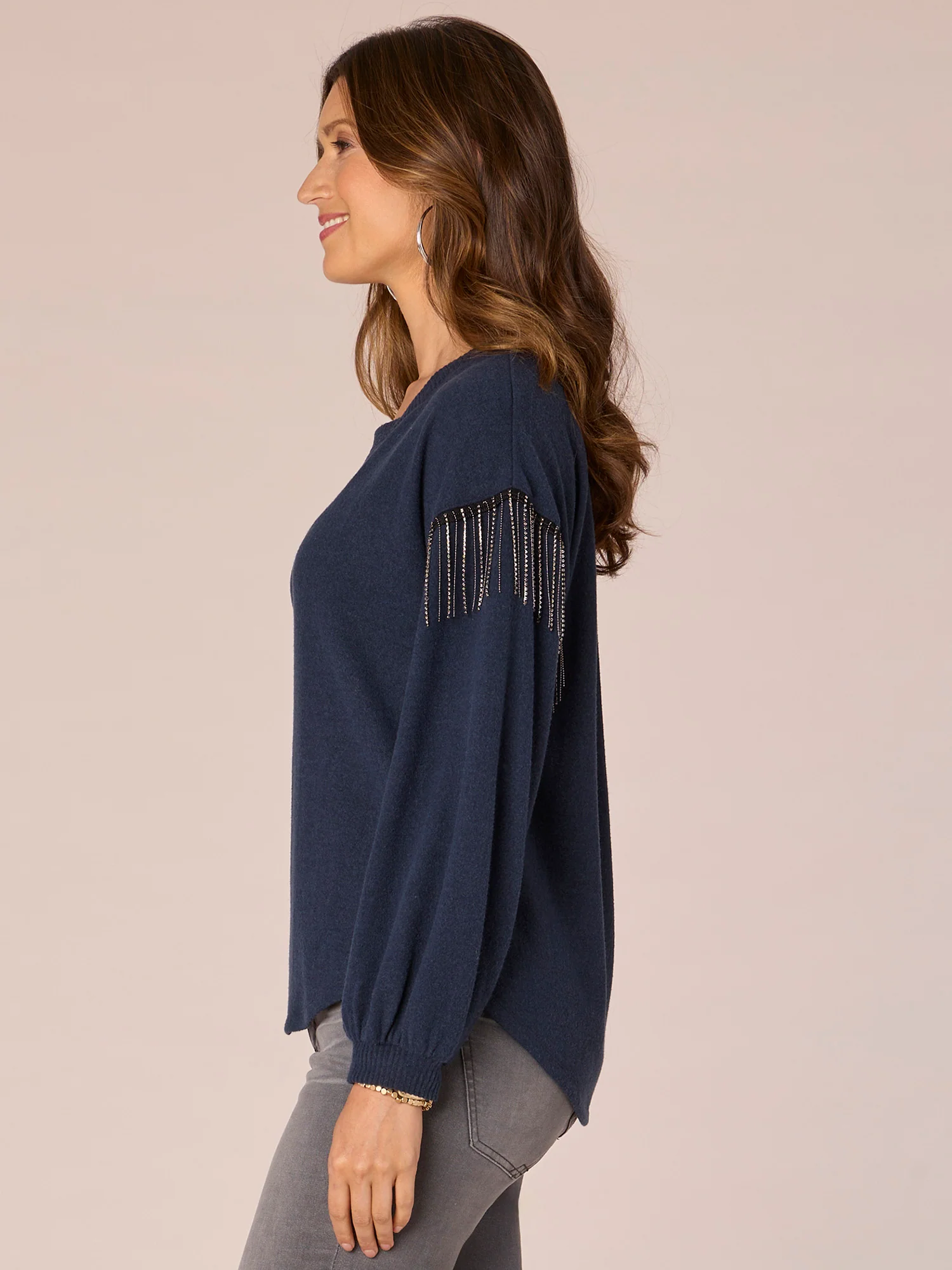 Long Drop Shoulder Sleeve Scoop Neck Rhinestone Fringe Knit Top - Legahigh