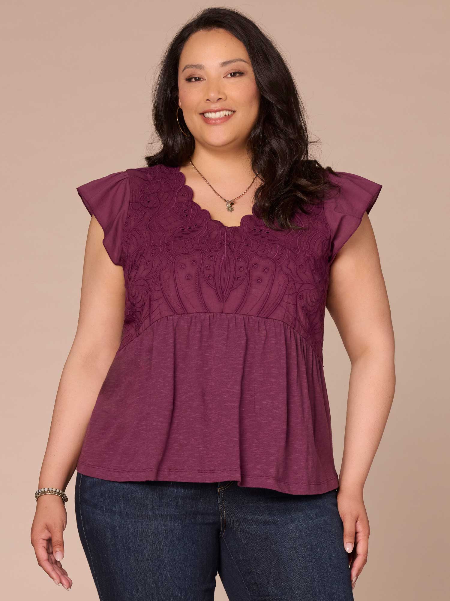 Flutter Sleeve V-Neck Embroidered Mixed Media Plus Size Knit Top - Legahigh