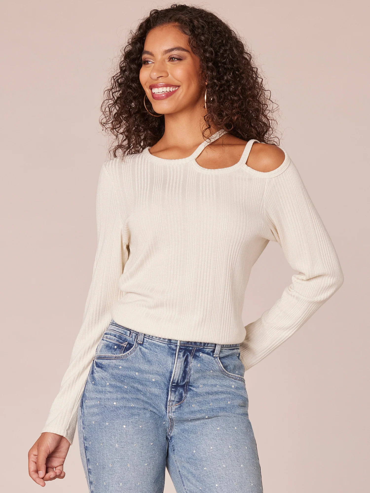 Long Raglan Sleeve Crew Neck Knit Top with Shoulder Cutout - Legahigh