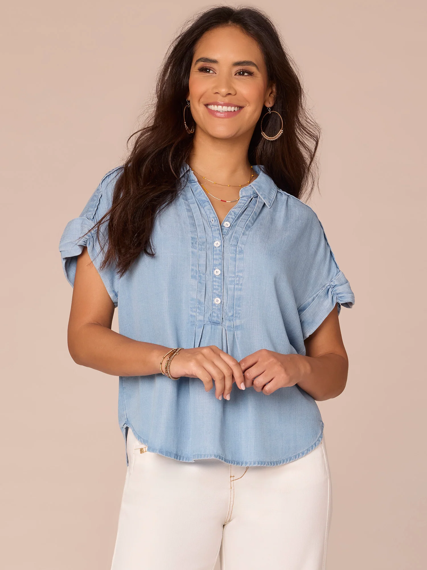 Extended Short Sleeve Collared Button Down Pleated Placket Woven Shirt - Legahigh