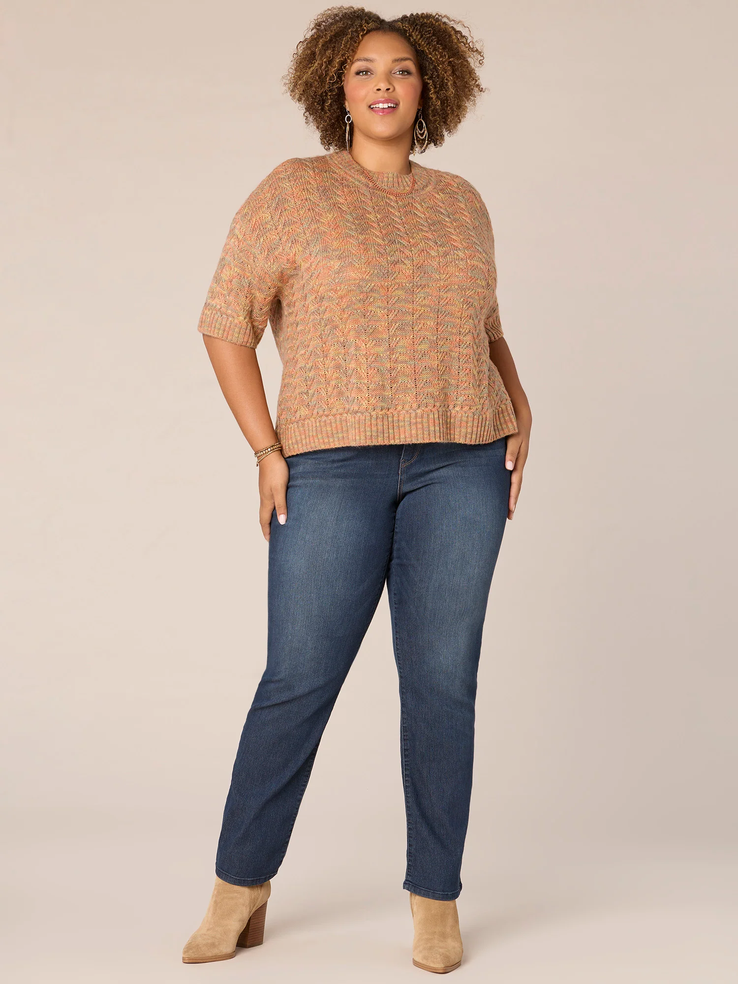 Elbow Length Dolman Sleeve Round Neck Space Dye Plus Size Sweater - Legahigh