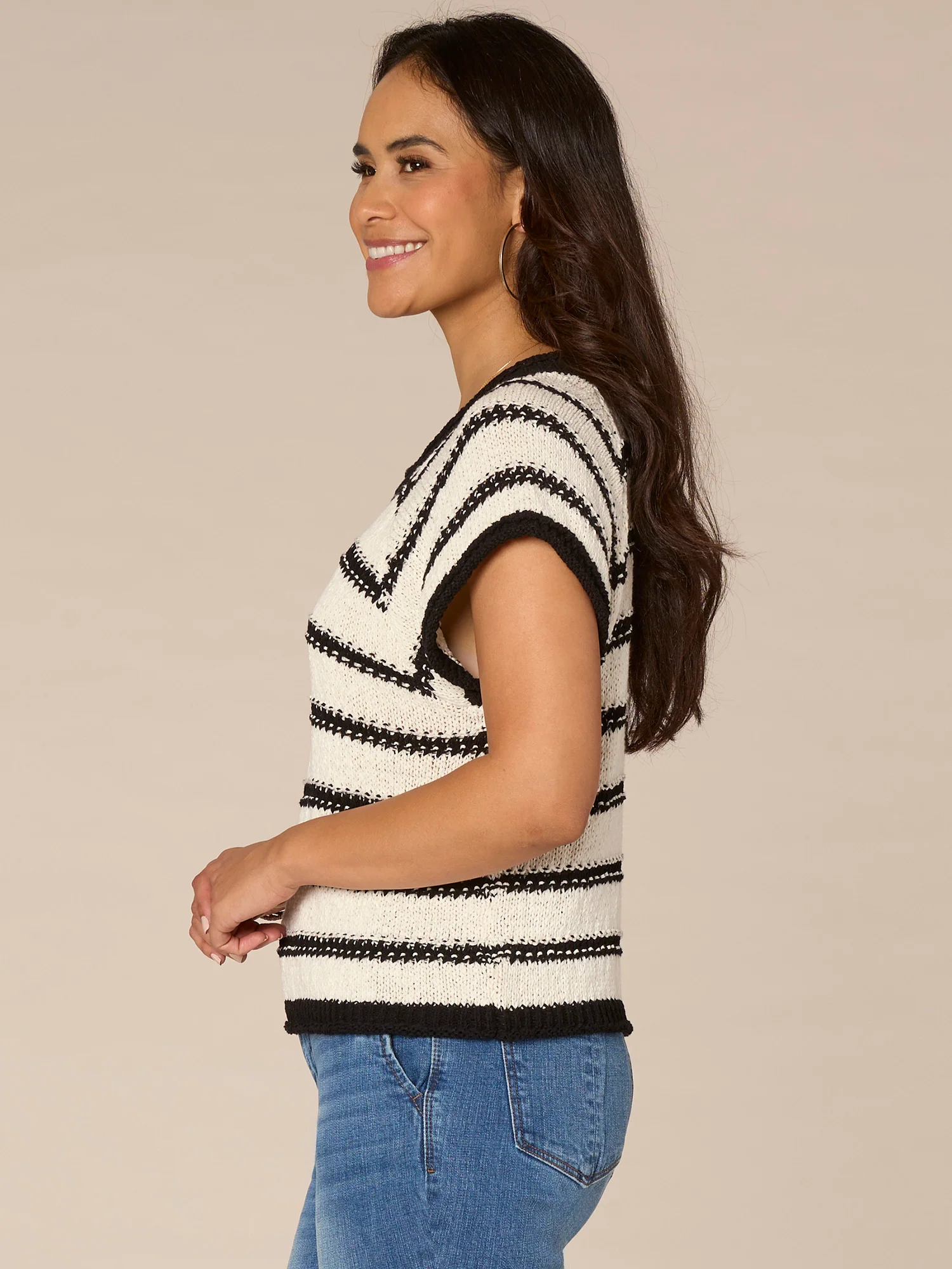 Raglan Extended Short Sleeve Round Neck Novelty Stripe Sweater - Legahigh