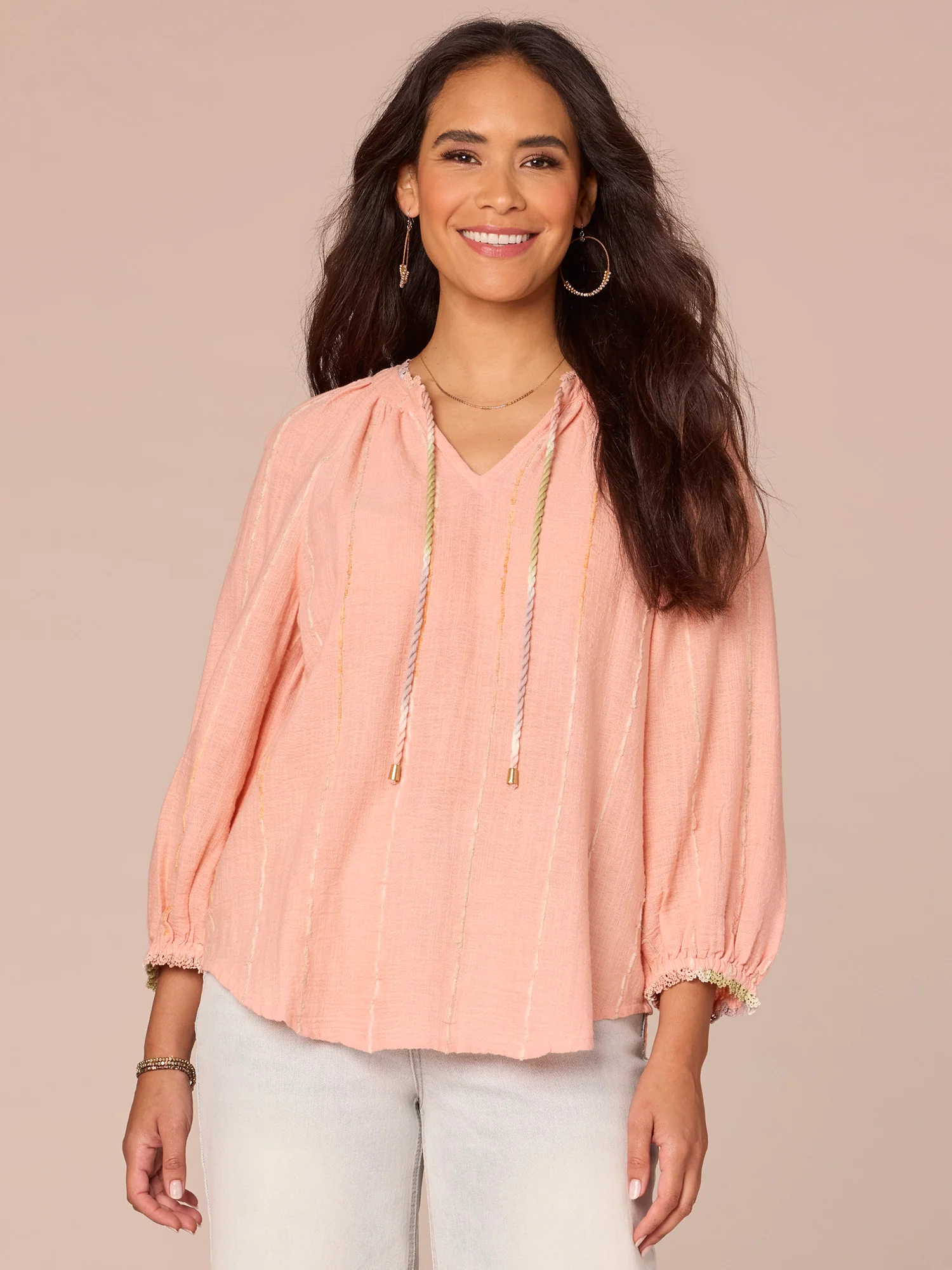 Petite Long Blouson Sleeve V-Neck Crochet Woven Top with Braided Ties - Legahigh