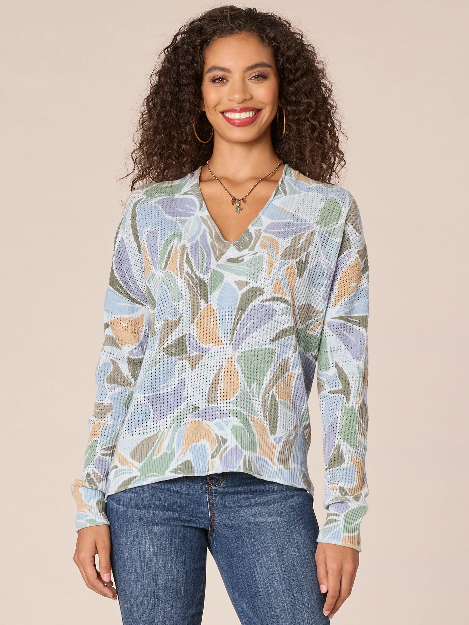Long Sleeve V-Neck Hi-Low Hem Abstract Print Sweater - Legahigh